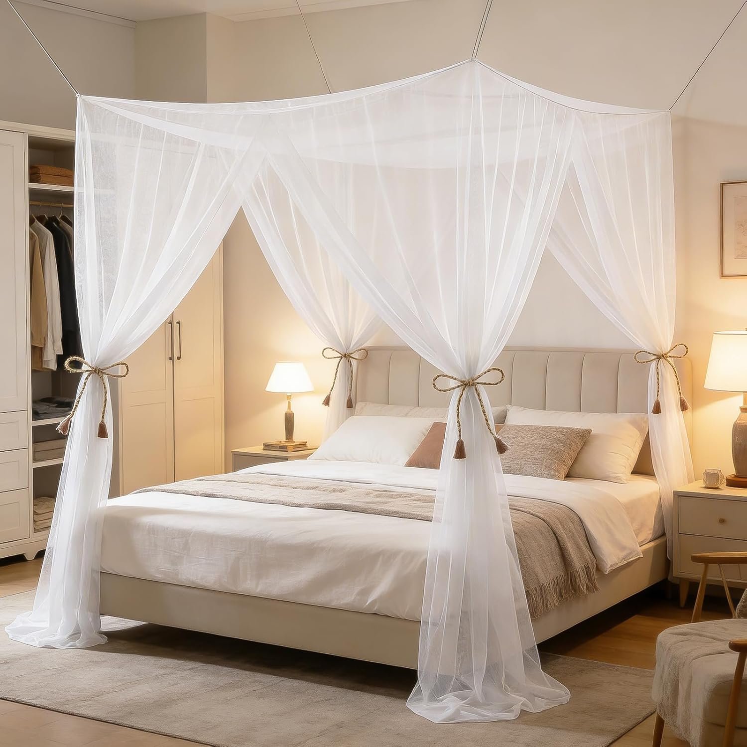 4 Corners Mosquito Net for Bed, Canopy Bed Curtains for Full Queen King Size Bed, White Bed Canopy Netting for Bedroom Camping Outdoor Travel