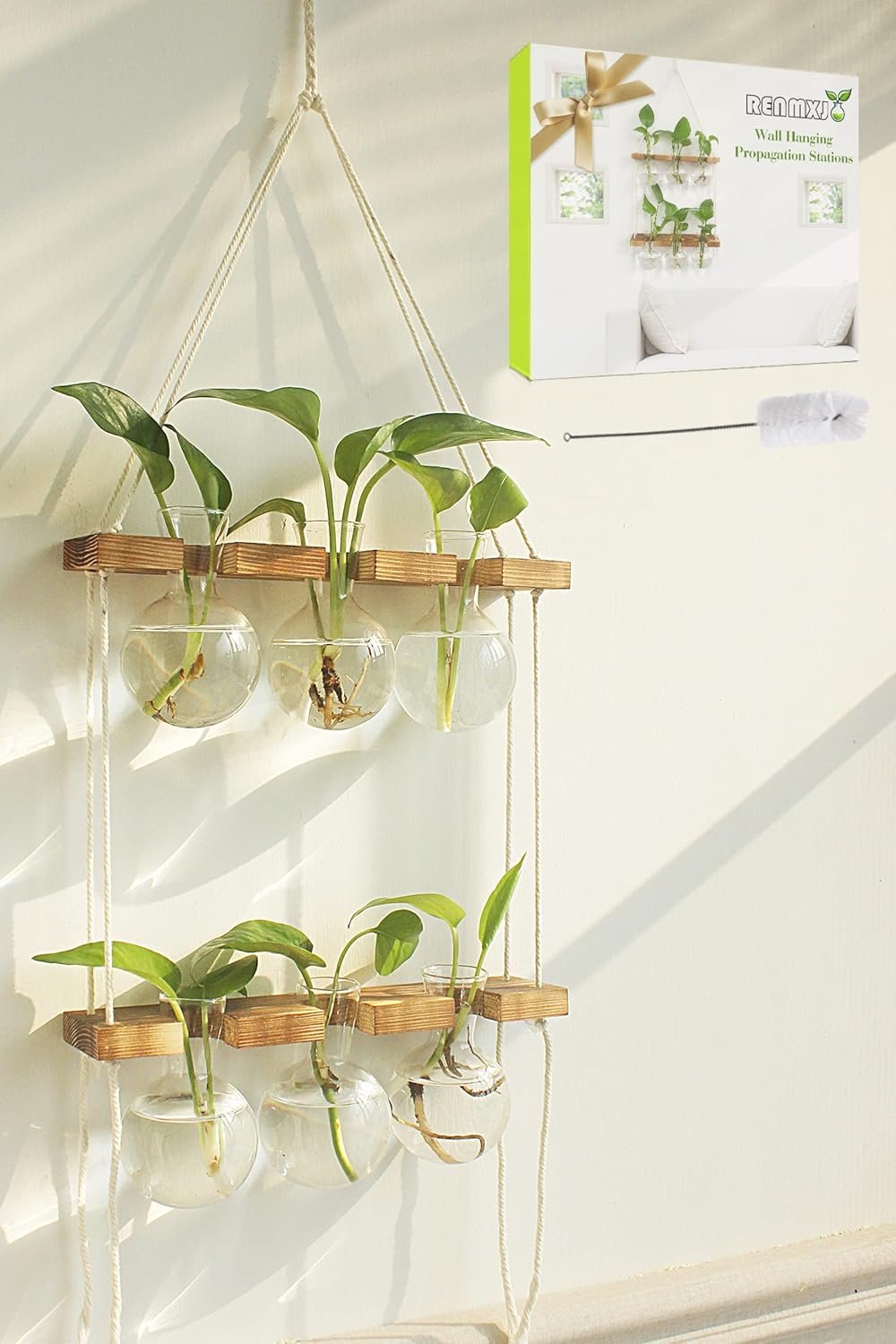 Renmxj Plant Propagation Station Wall Hanging, Plant Terrarium with 2 Tiered Wooden Stand for Hydroponics Plants, Unique Gardening Gifts for Women Mom Plants Lovers – 6 Bulb Glass Vases