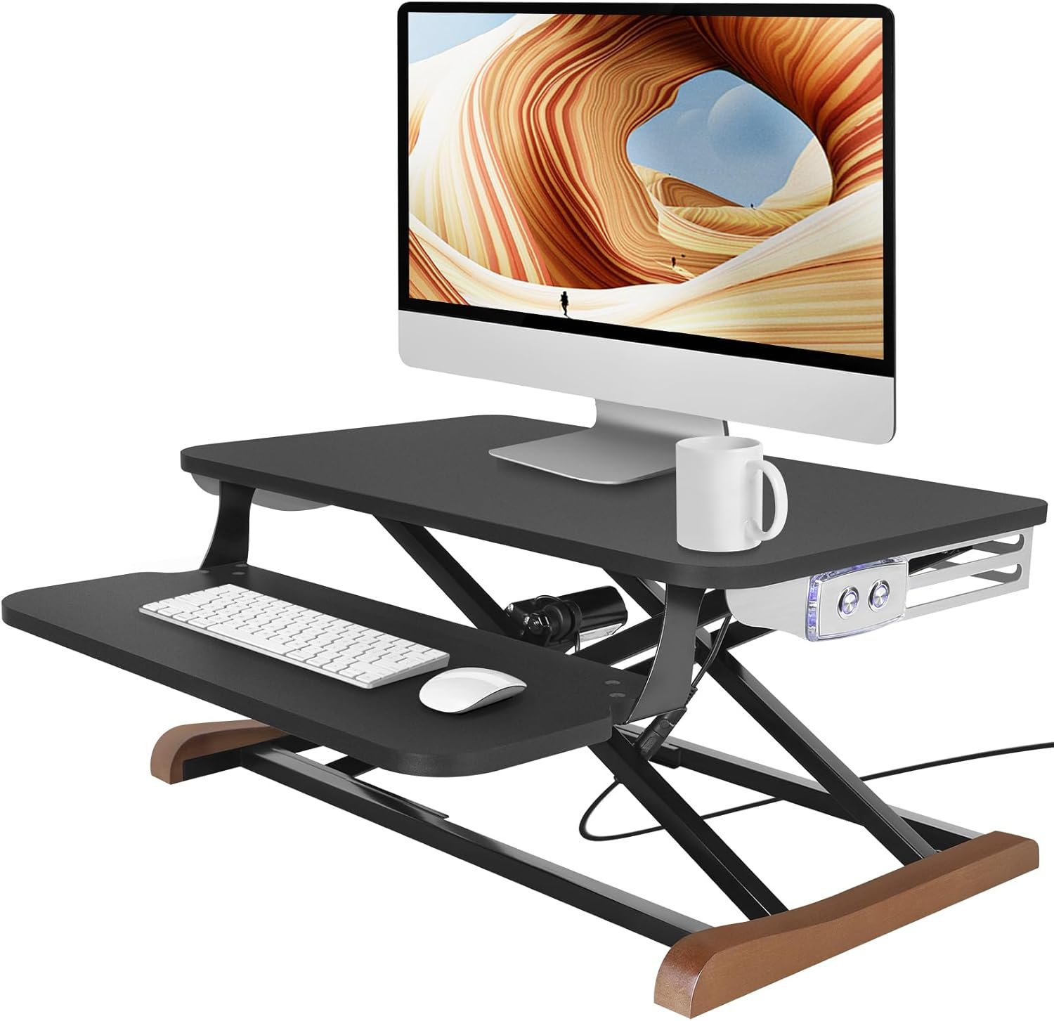 Electric Standing Desk Converter with Keyboard Tray, 26×16 Inch, Height Adjustable Sit to Stand Desk Riser with Unique Side Cover and Wooden Feet, Small Motorized Monitor Riser for Office & Home