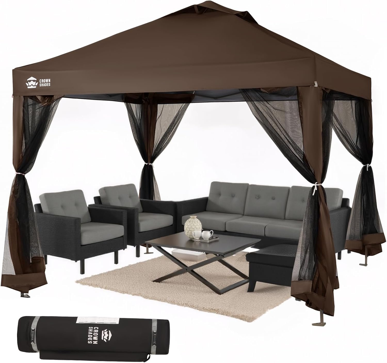 CROWN SHADES Gazebo 10×10 Pop Up Canopy with Mosquito Netting, Screen Tent with 4 Ropes, 8 Stakes, 4 Sandbags and Wheeled Storage Bag, Canopy for Patio & Backyard Parties,Camping&Events -(Coffee)