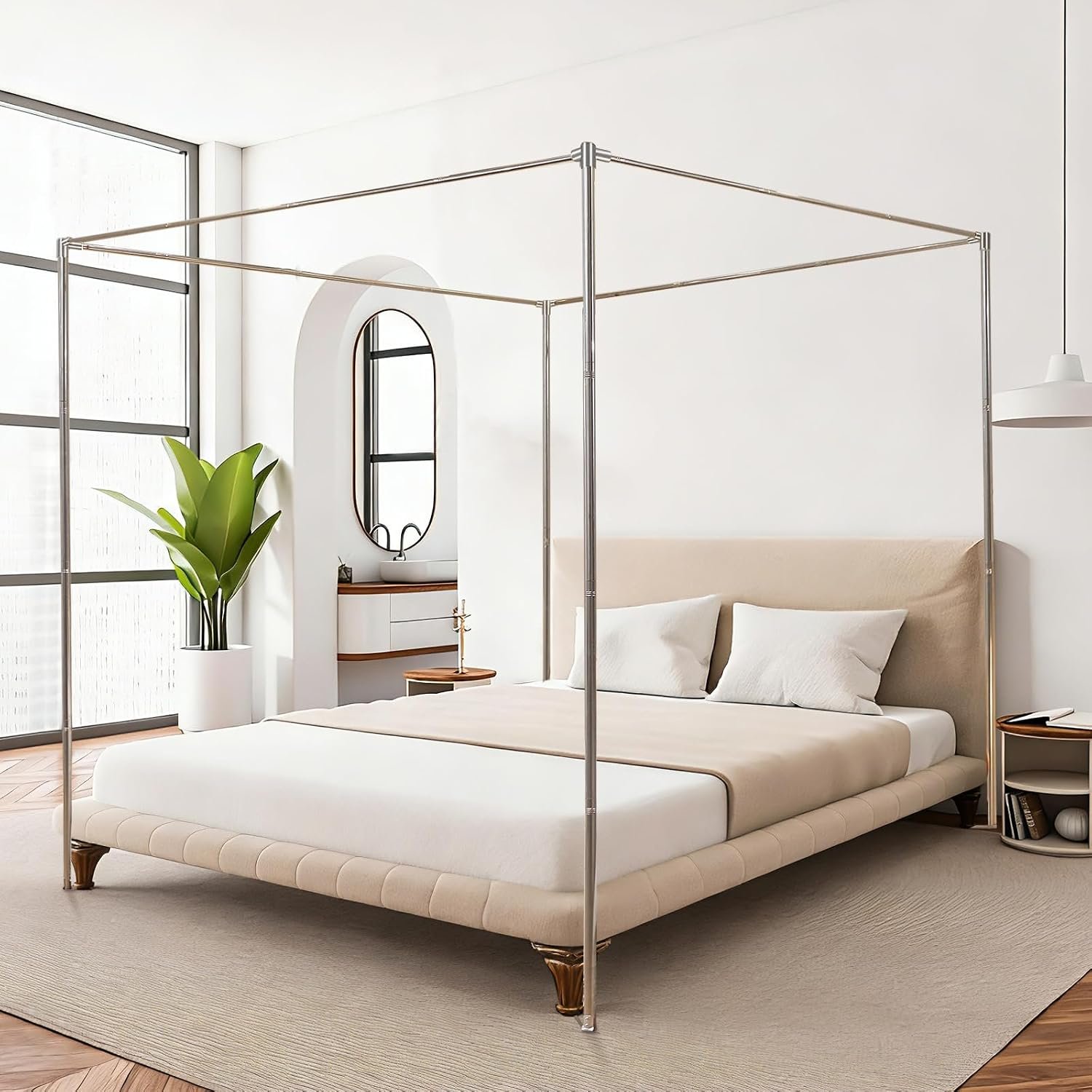 Canopy Bed Frame Full Size, Stainless Steel Metal Bed Post Poles, Heavy Duty 4 Poster Floor Bedframe, Freestanding Easy Assemble