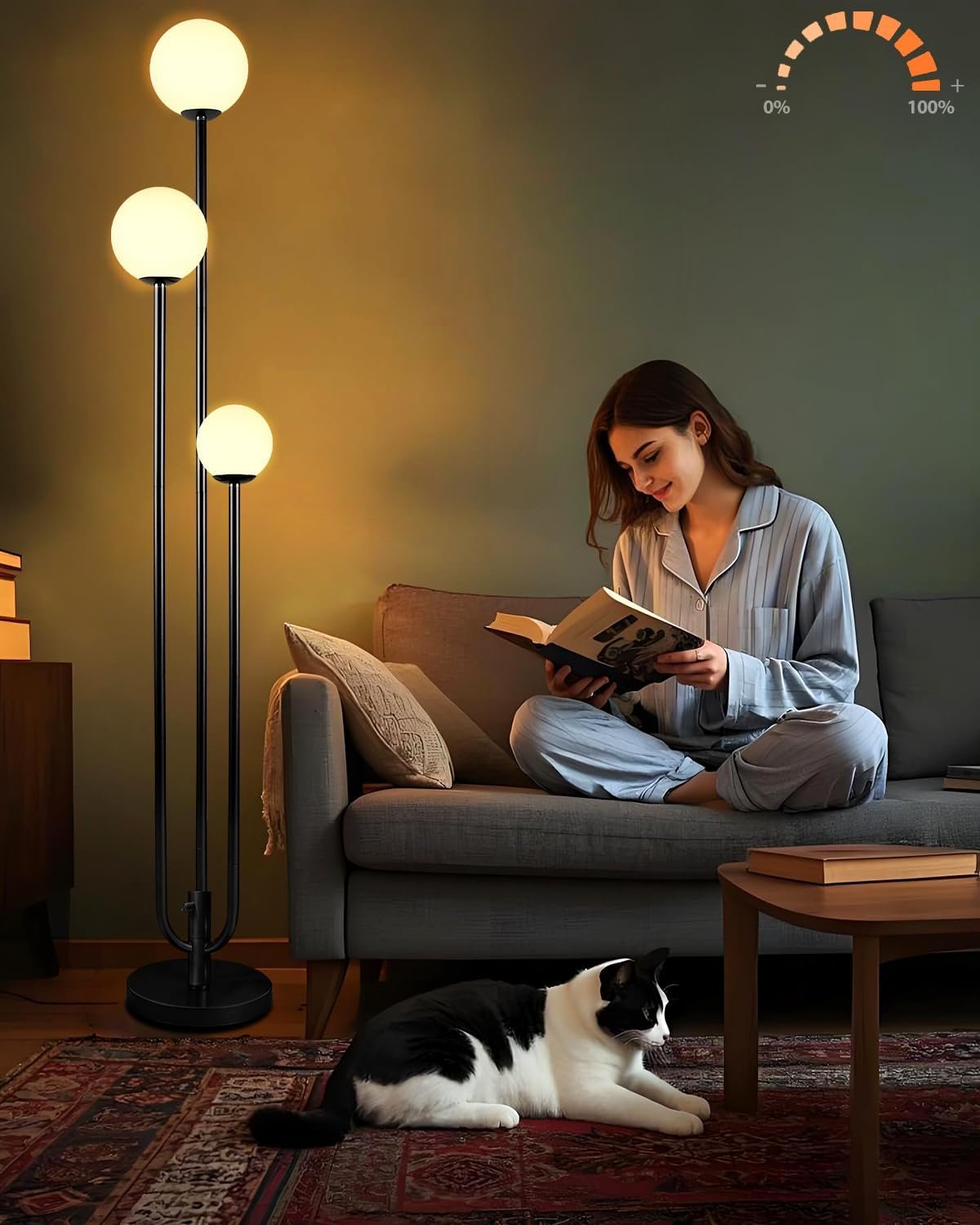 63IN 3-Light Dimmable Floor Lamp, Unique Black Tall Standing Lamps with 3000K Bulbs for Reading, Mid Century Modern Floor Lamp with 5Lbs Heavy Base for Living Room Bedroom Office