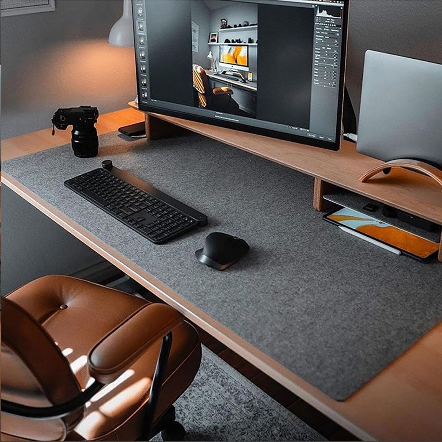 Felt Desk Mat, 35.5″x15.8″, Large Keyboard and Mouse Pad for Computer, Non-Slip Wool Desk Pad for Office and Home, Dark Gray