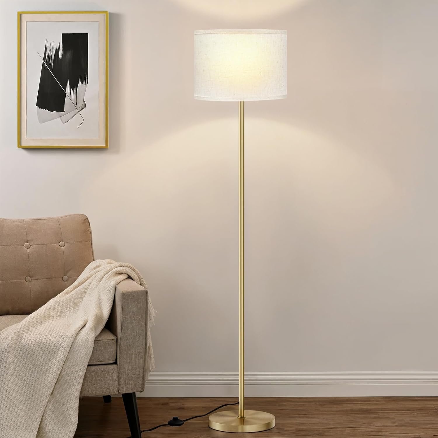 Ambimall 60” Modern Floor Lamp with Shade, Tall Lamps for Living Room, Bedroom, Office, Dining Room, Beige Shade with Gold Pole(Without Bulb)