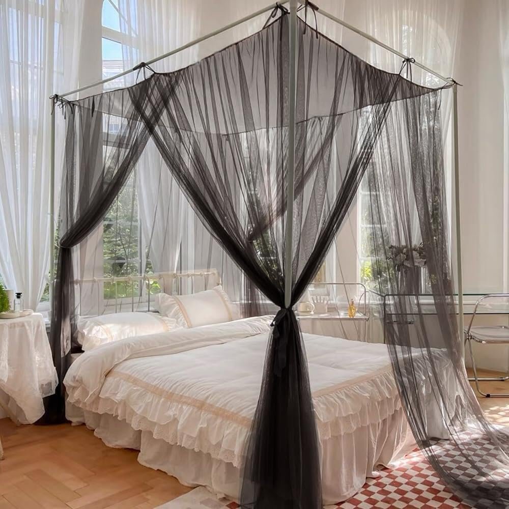 Mosquito Net Bed Canopy for Double Bed, Black Netting Four Corner Post Curtains Bed Drape Elegant，86.6″ W x 79″ L x 102″ H for King, Queen, Full Beds