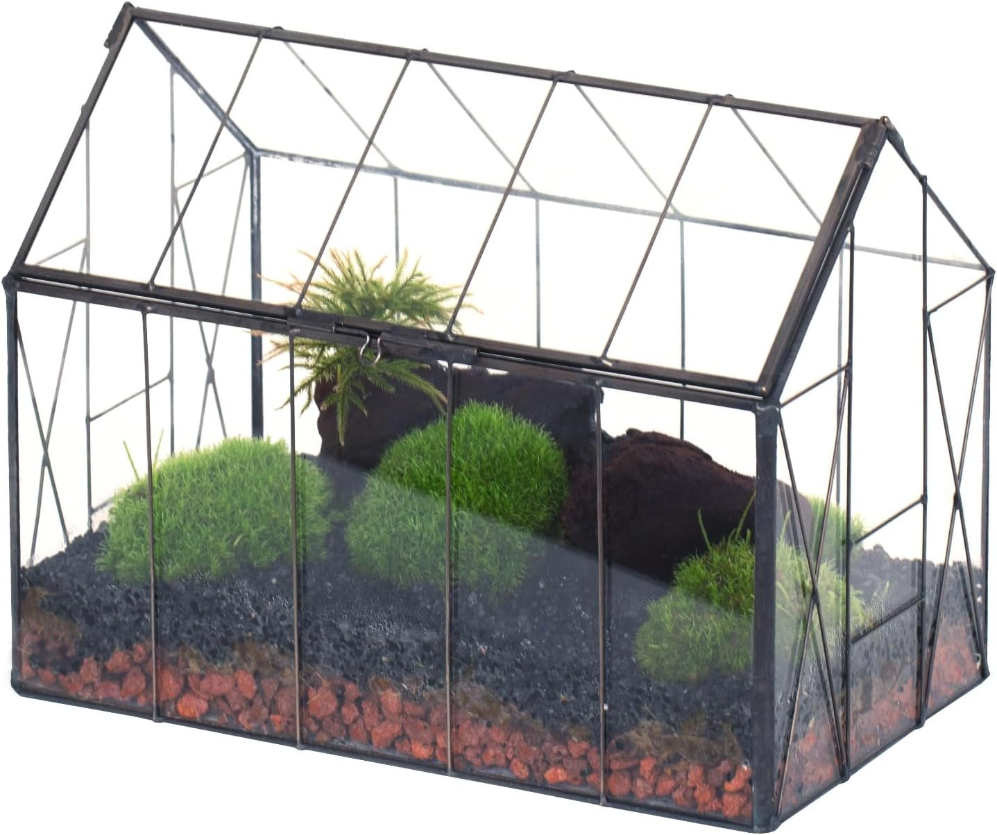 NCYP Geometric Glass Terrarium with Lid for Succulent, Small Cactus – Handmade Clear Closed House Shape Box – Home Indoor Tabletop Garden Decor, Black 9.4″ x 5.5″ x 7.3″ (No Plants)