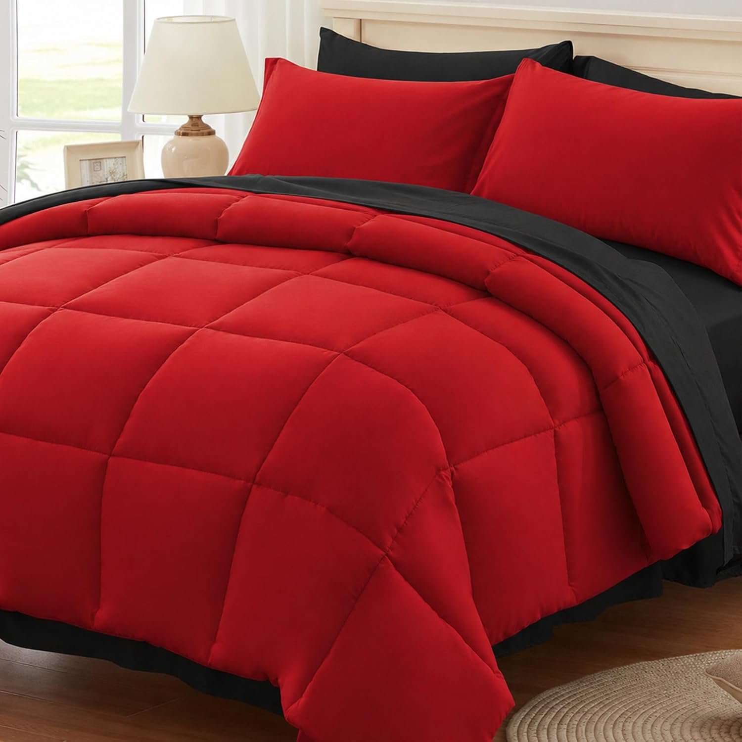 Anluoer King Size Comforter Set 7 Pieces, Reversible Bed in a Bag King Size,Lightweight Bedding Set with Comforter(102″X90″), 2 Pillow Shams, 2 Pillowcases, 1 Flat Sheet, 1 Fitted Sheet,Red & Black