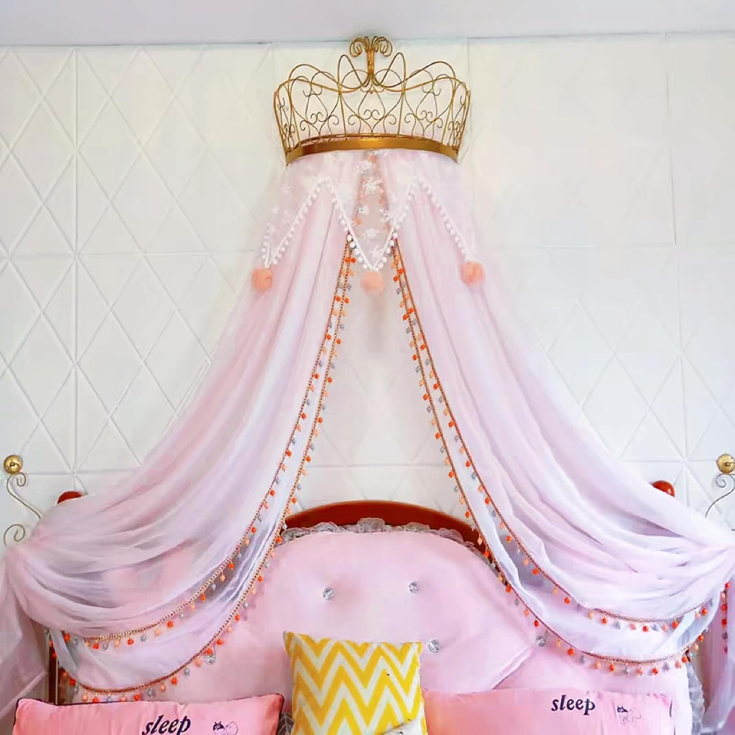 Bed Canopy for Girls, Princess Bed Canopy with Lights & Elegant Metal Crown, Enhances The Charm of Your Child’s Bedroom, Serving as Both Mosquito Netting and a Romantic Canopy (Pink)