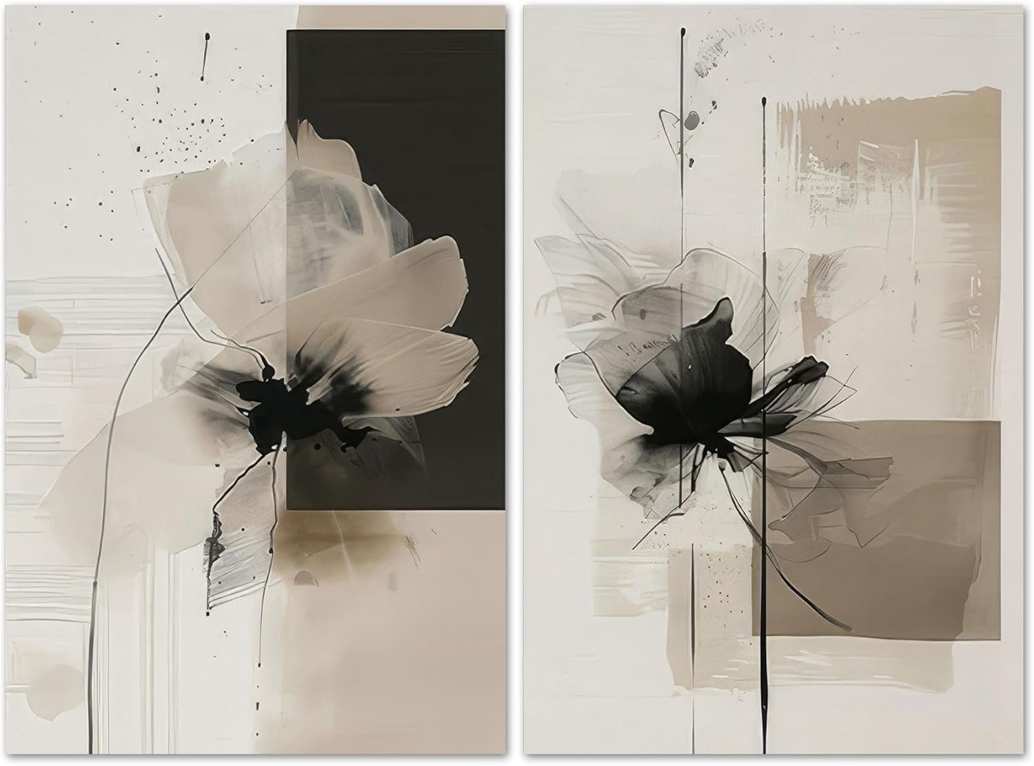 2Pcs Neutral Abstract Wall Art Floral Pictures Modern Minimalist Canvas Posters Prints Beige Brown Black Flower Wall Decoration for Living Room Bedroom Bathroom Office 12x16in Unframed