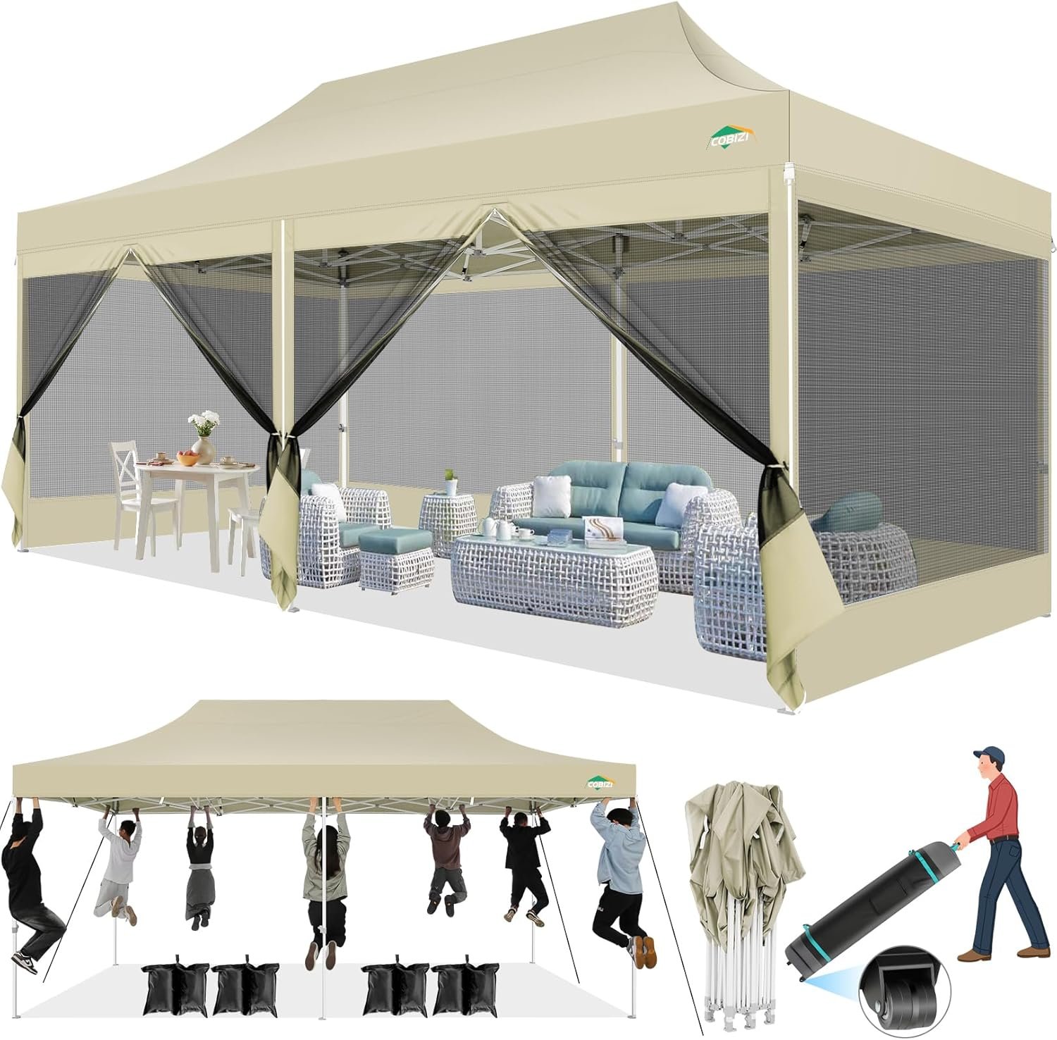 COBIZI 10×20 Canopy Tent with 6 Sidewalls,Heavy Duty Pop up Canopy with Mosquito Netting,Easy up Screen Tent for Parties Wedding Outdoor Patio with Roller Bag,Khaki