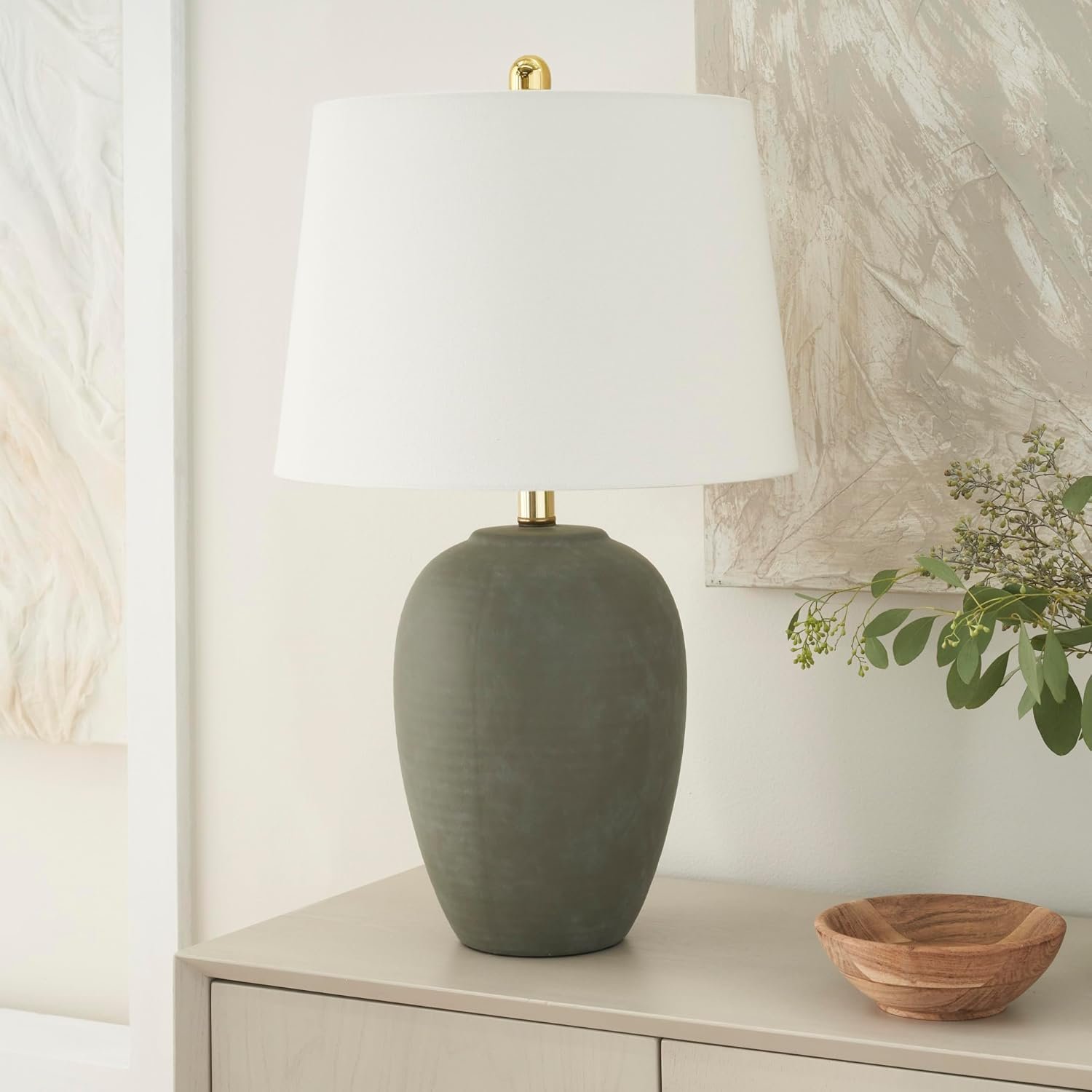 Nourison Home 23″ Olive Green Ceramic Pot Table Lamp for Bedroom, Living Room, Dining Office, with White Tapered Drum Shade