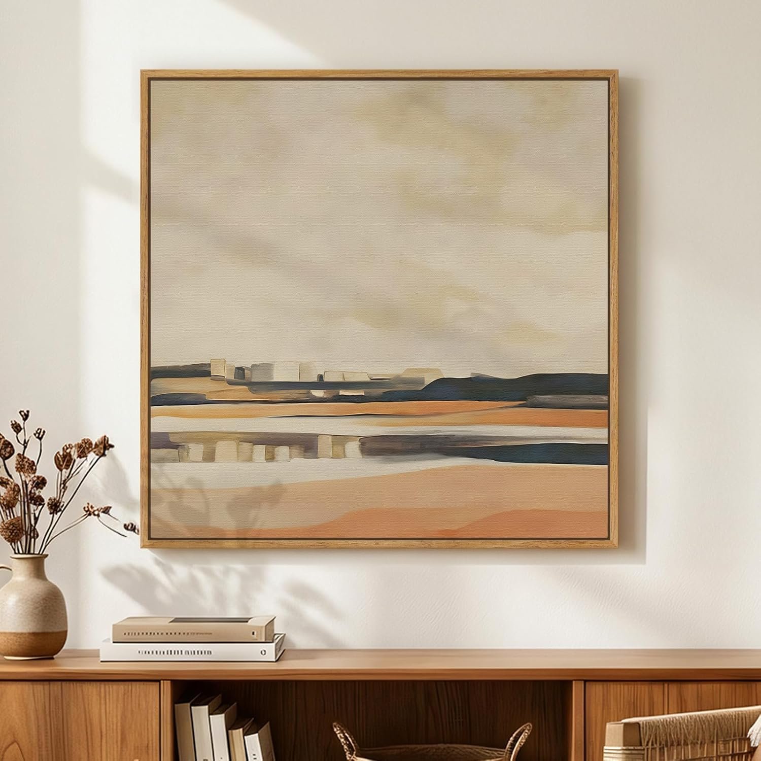 Framed Neutral Abstract Landscape Wall Art for Living Room, Square Mid Century Modern Canvas Paintings Prints Artwork for Walls, Minimalist Scenic Pictures Wall Decor for Bedroom Home Office, 24×24 In