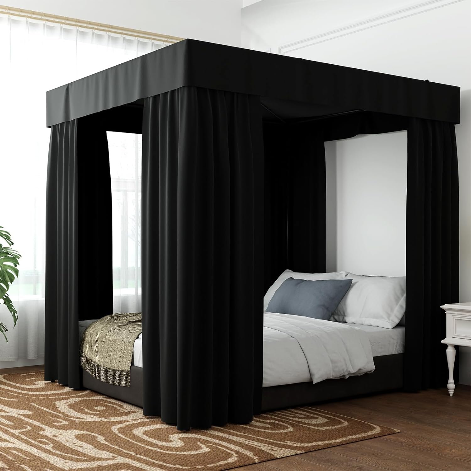 Hvqic Black Canopy Bed Curtains – 4 Corner Post Bed Curtains Queen Bed Curtain Lightproof Drapes Bed Canopy for Adults & Girls Bedroom Decoration (Queen,Black)