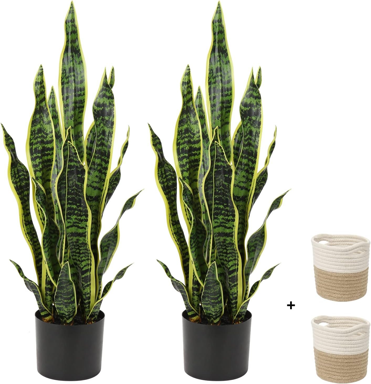 2 Set Large Fake Snake Plant 25 Inch Sansevieria Plant Artificial Snake Plants in Pots with Woven Basket Faux Mother In Law Tongue Plant – 17 Leaves Fake Laurentii for Indoor Outdoor Home Office Decor