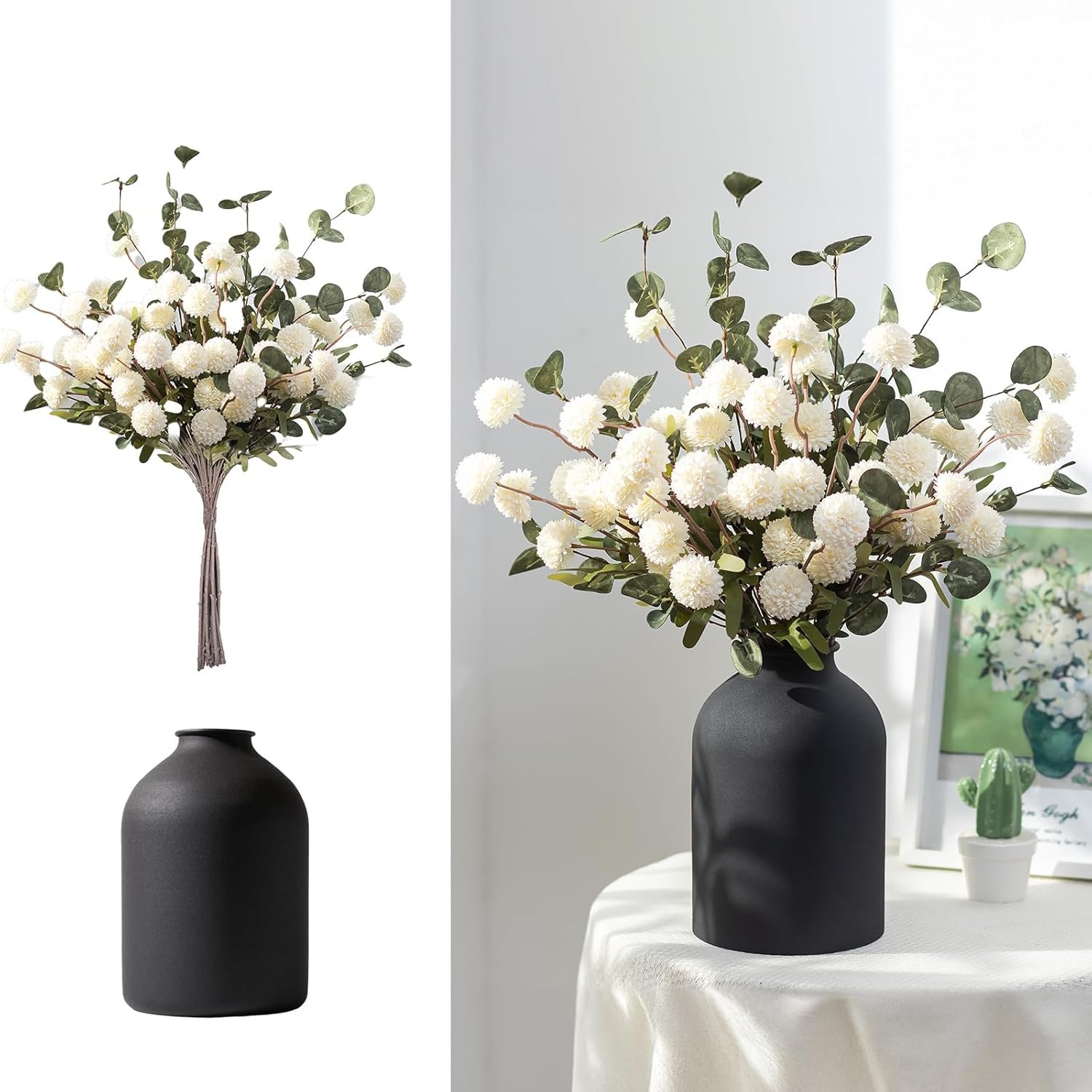 BLOSMON Fake Flowers in Vase for Centerpieces: Metal Vase with 12 Stems of Artificial Mums Kiku Flowers Eucalyptuses Dining Table Decor – White Faux Silk Pom Poms Floral Arrangements for Home Indoor