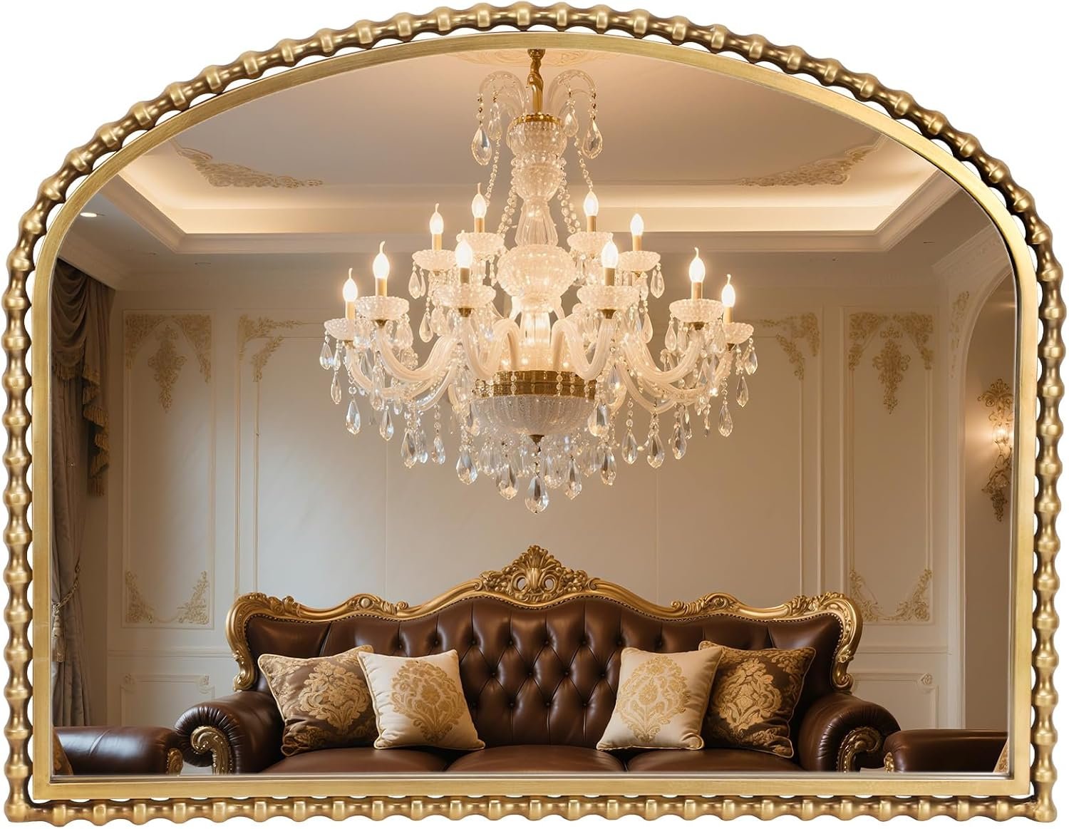 36×28 Inch Wide Arched Wall Mirror with Bold Antique Gold Beaded Frame, Decorative Mantel Mirror for Fireplace or Entryway, Horizontal Hanging Statement Mirror for Living Room Wall Decor