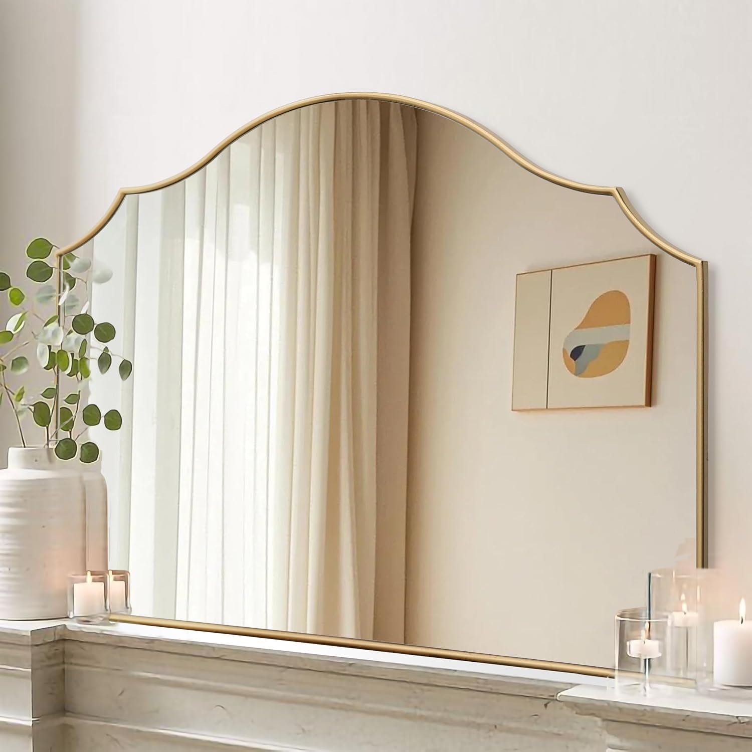 Besdomus Gold Scalloped Wall Mirror: 40″x29″ Large Modern Minimalist Bathroom Mirror – Decorative Vanity Arched for Dresser/Entryway/Fireplace/Mantle/Living Room – Home Decor for Housewife