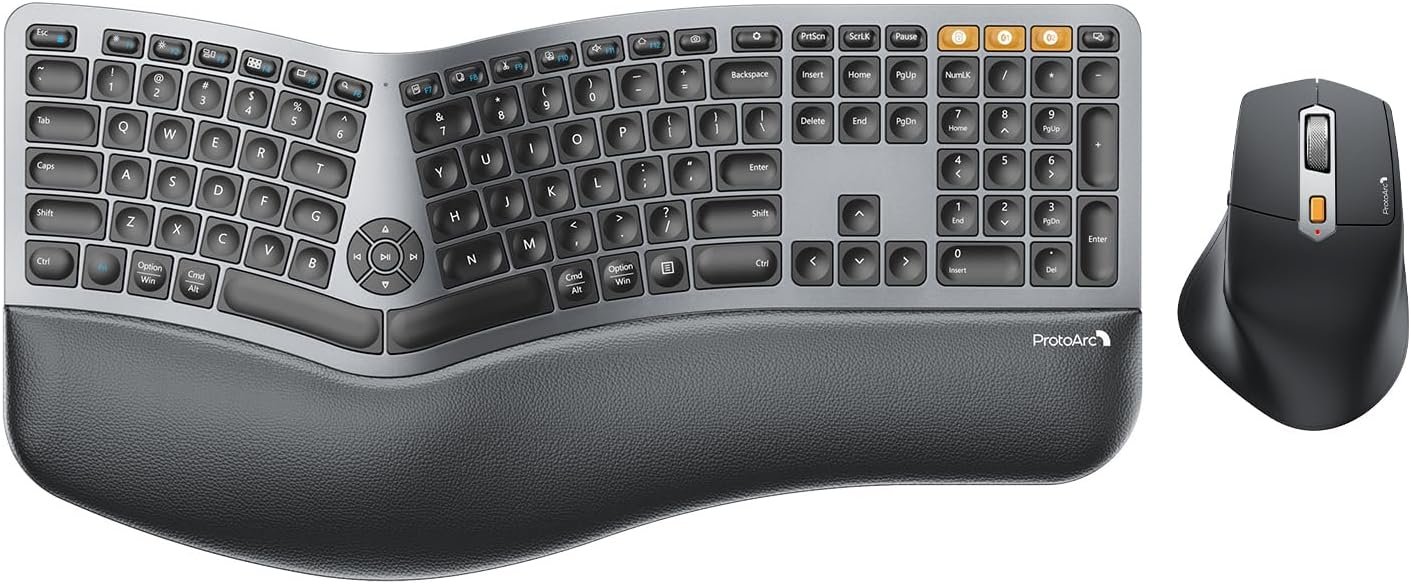 ProtoArc Ergonomic Keyboard Mouse, EKM01 Plus Full Size Wireless Bluetooth Ergo Keyboard Mouse Combo, Cushioned Palm Rest, Split Design, Rechargeable, Compatible for Windows, Mac OS – Gray and Black