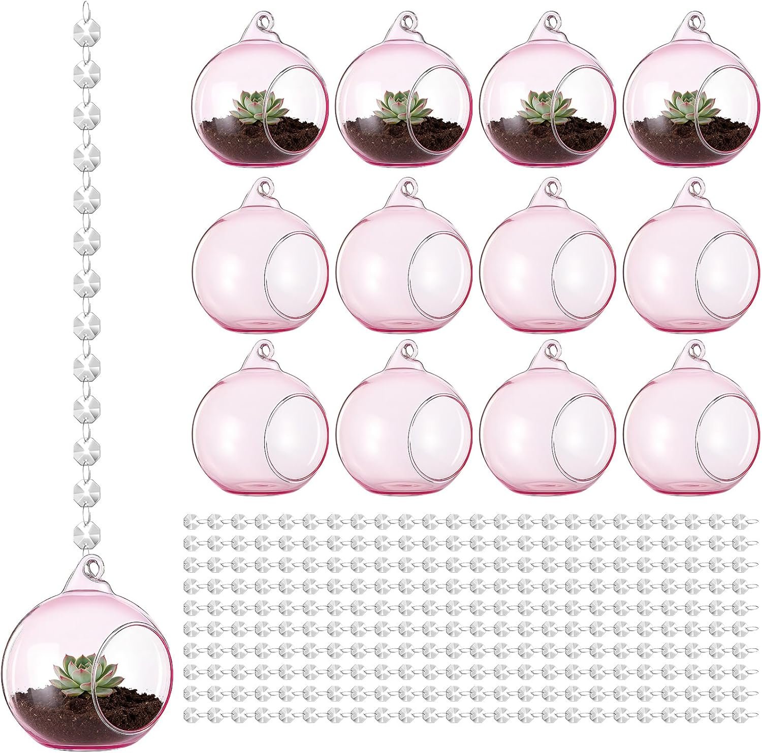 GlikCeil 3.15” Pink Hanging Glass Tealight Holder Globe and Clear K9 Crystal Garland Strands, Hanging Glass Terrarium Containers for Wedding Party Tree Decoration(17 Pcs)