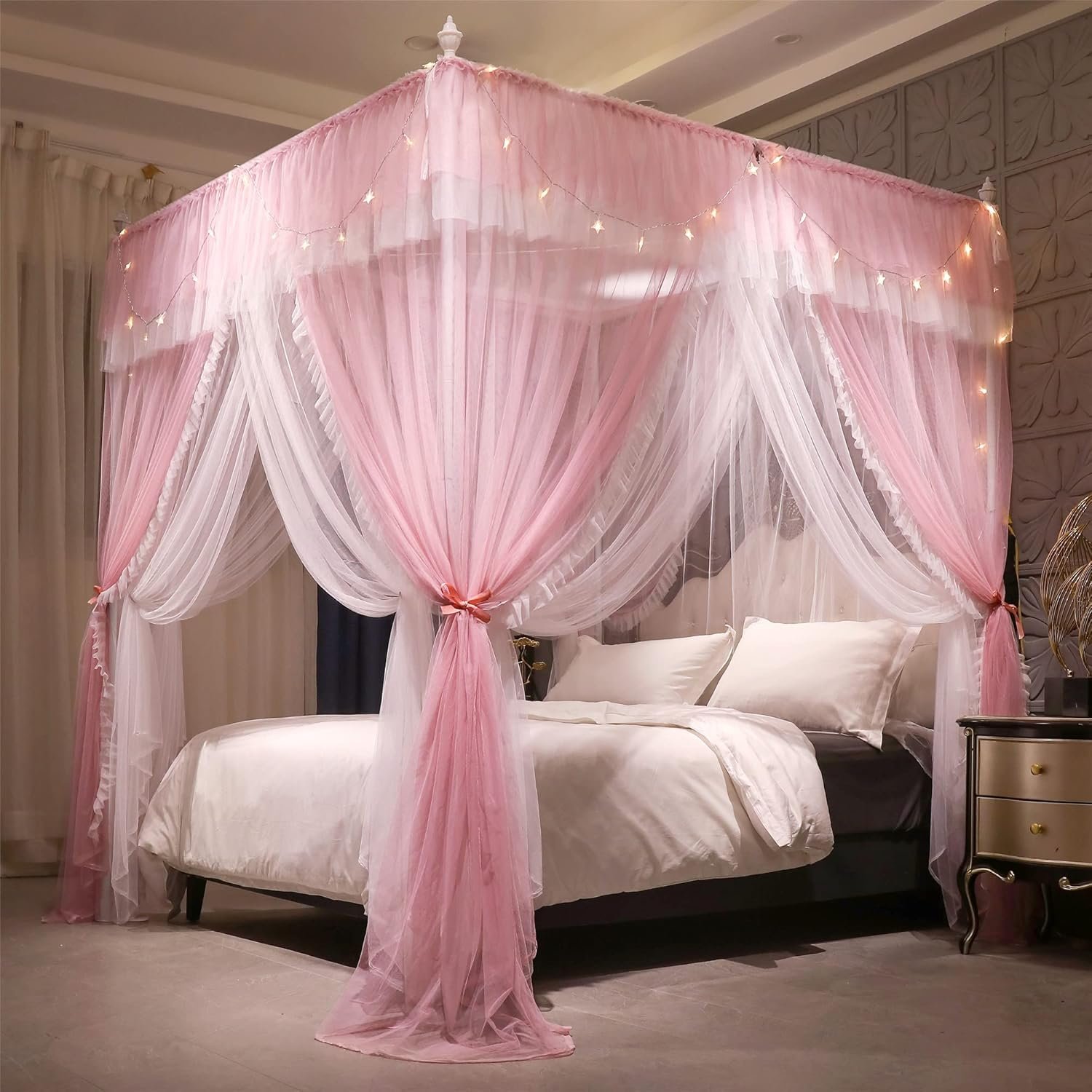 VETHIN 4 Corners Post Ruffle Princess Bed Canopy Curtain-Double Layer Cozy Drape Netting 4 Opening Mosquito Net for Girls Adults Bedroom Decoration (Pink/Whtie,59″ W*82″ L*82″*H/Queen)