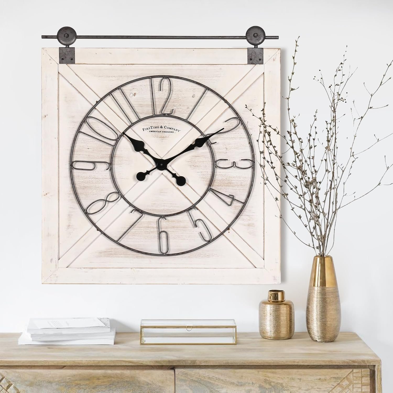 Oakrain Rustic Large Wall Clock, Classic Vintage Hanging Clock, Silent Non-Ticking Square Wall Clock for Living Room Bedroom Office, Numeral, Distressed White, 27”x29”