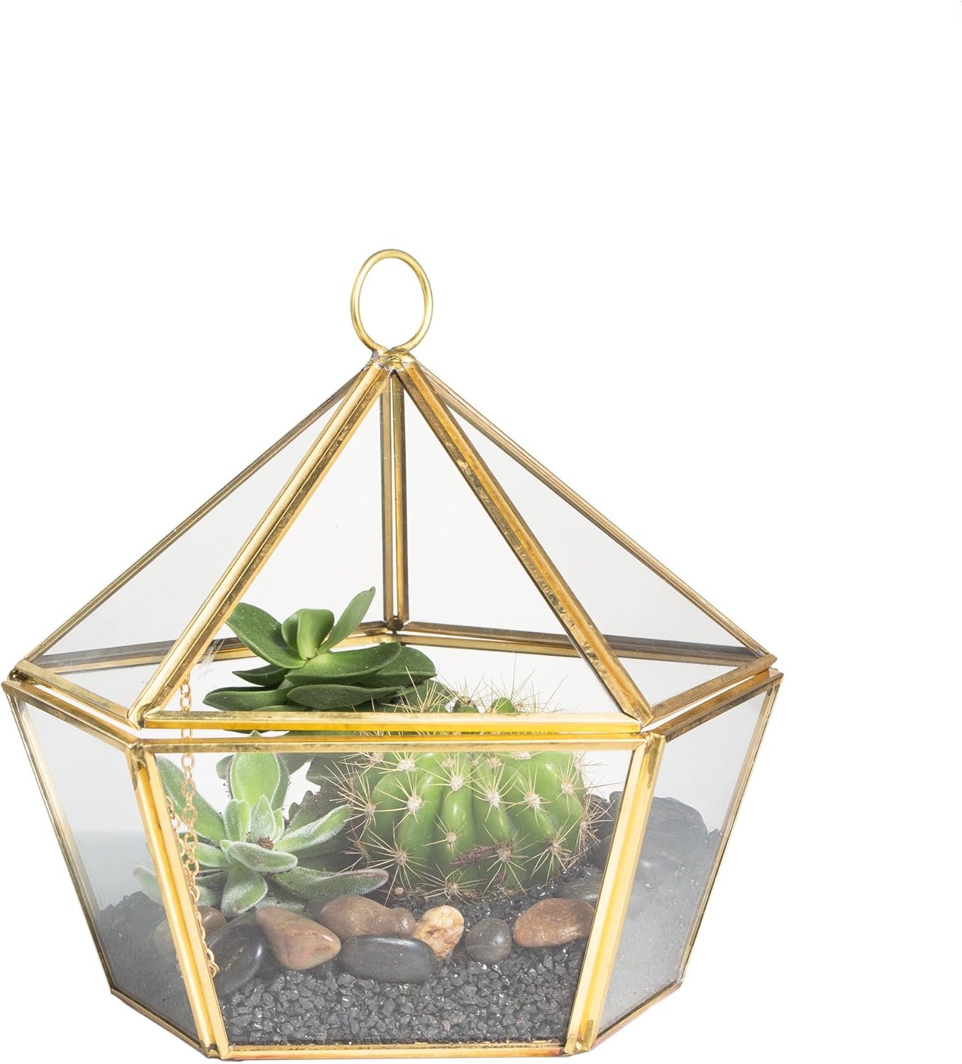 NCYP Modern Clear Glass Jewelry Box with Swing Lid, Pentagon Shape Closed Geometric Terrarium Planter Pot for Succulent Plant, Fern, Wedding Decor, Gold Container (No Plants)