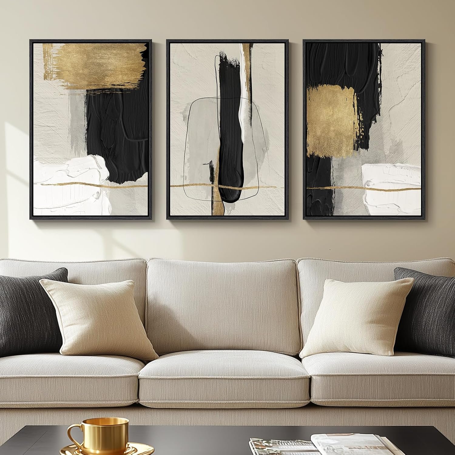 Framed Black and White Abstract Wall Art, 3 Piece Canvas Prints Paintings Artwork for Walls, Modern Minimalist Gold Beige Block Pictures for Living Room Hallway Office Wall Decor 16×24 Inch