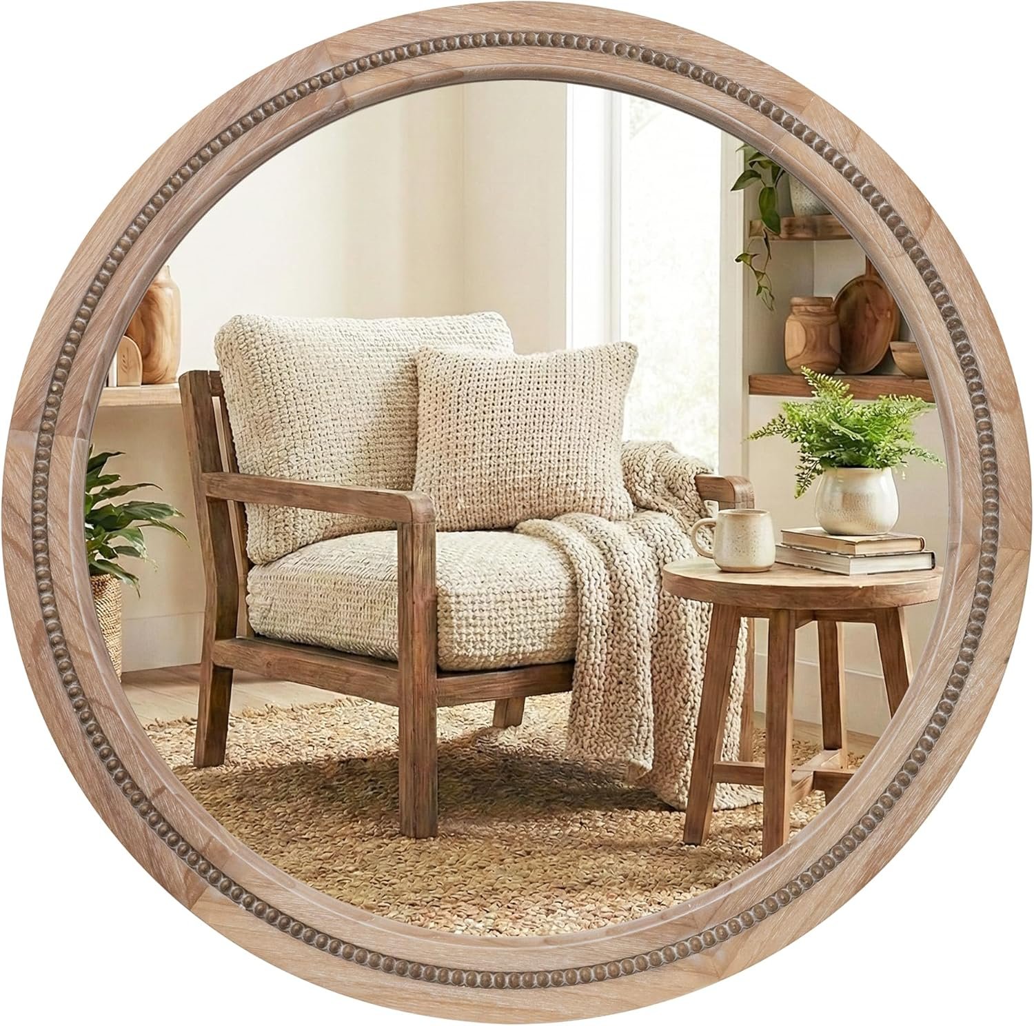 30″ Round Solid Wood Mirror for Bathroom Vanity, Handcrafted Beaded Circle Wall Mirror – Natural Boho Farmhouse Decor for Entryway & Bedroom