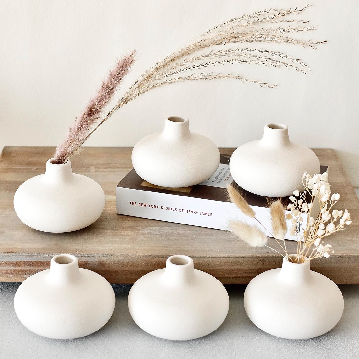 Carrot’s Den – Set of 6 Nordic Minimalist White Ceramic Donut Bud Vases for Decor | Modern Boho Vases for Dry Flowers + House Plants | Wedding, Bookshelf, Home Decor, Coffee Table, Centerpiece (White)