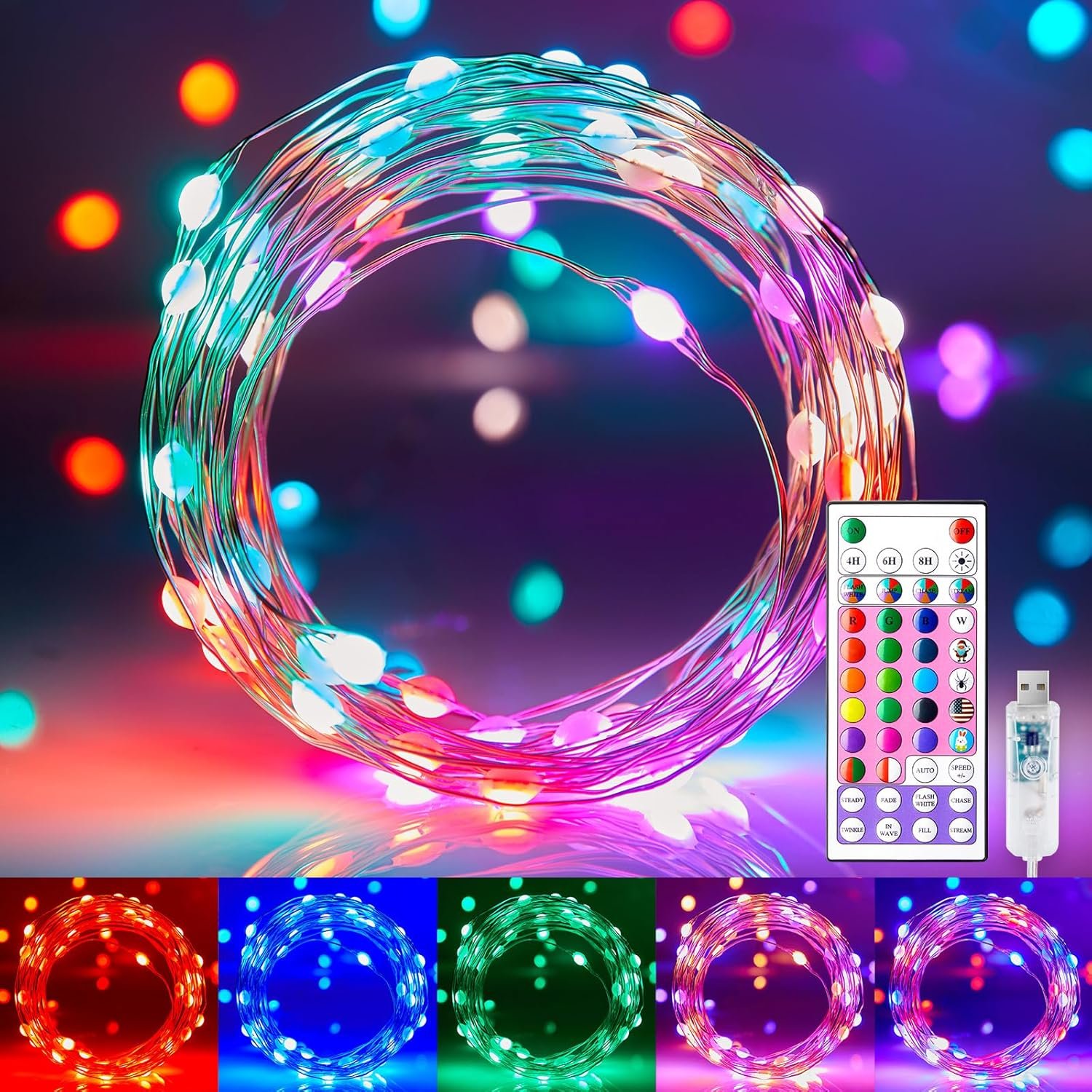 Minetom Fairy Lights Color Changing – 33FT 100 LED String Light with Remote, 16 Single Colors & 6 Holiday Colors,12 Modes, USB Fairy Lights for Bedroom, 4th of July Light for Indoor Classroom