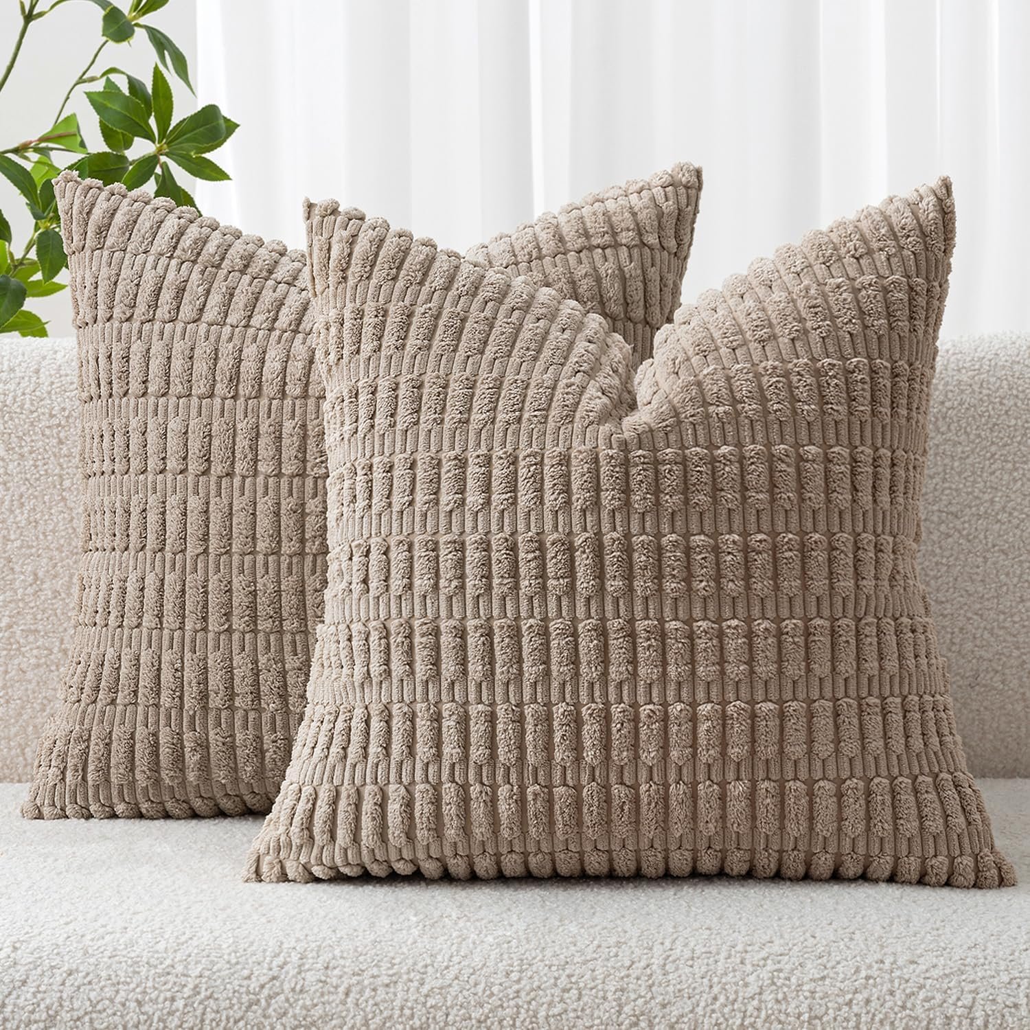 MIULEE Pack of 2 Corduroy Decorative Throw Pillow Covers 18×18 Inch Soft Boho Striped Pillow Covers Modern Farmhouse Home Decor for Sofa Living Room Couch Bed Light Brown