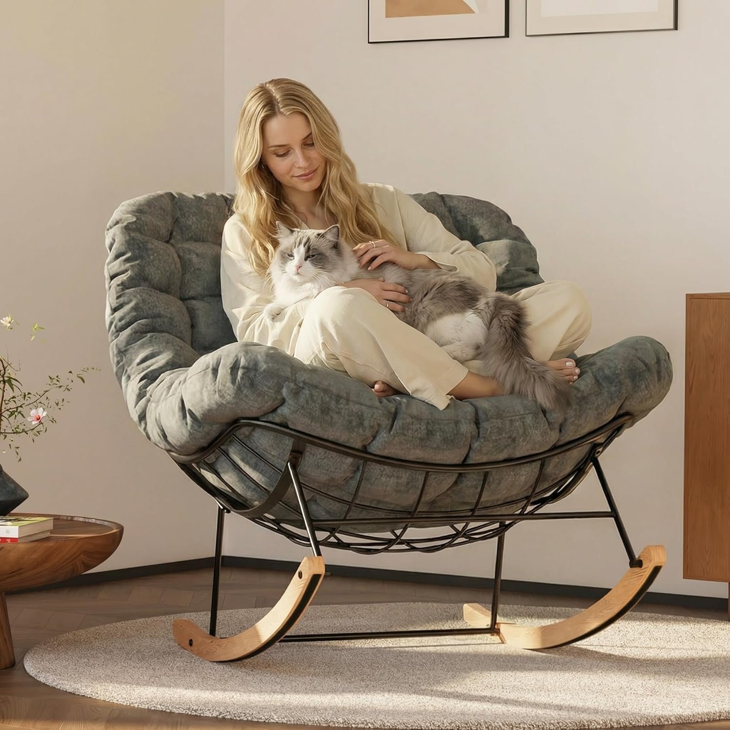 FLEXISPOT Oversized Rocking Accent Chair with Thick Cushion & Bonus Pillow, Papasan Style Lounge Chair with Metal Frame & Wood Base, Cozy Living Room Armchair for Bedroom, Balcony, Reading Nook Grey