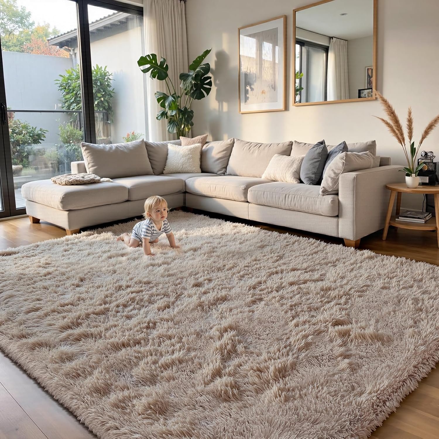 yongyangjuxin Fluffy Rug Shag Area Rug, Beige 8×10 Area Rugs for Living Room, Large Shag Area Rugs for Bedroom Kids Room Home Decor, Upgrade Anti-Skid Rectangular Fuzzy Rugs