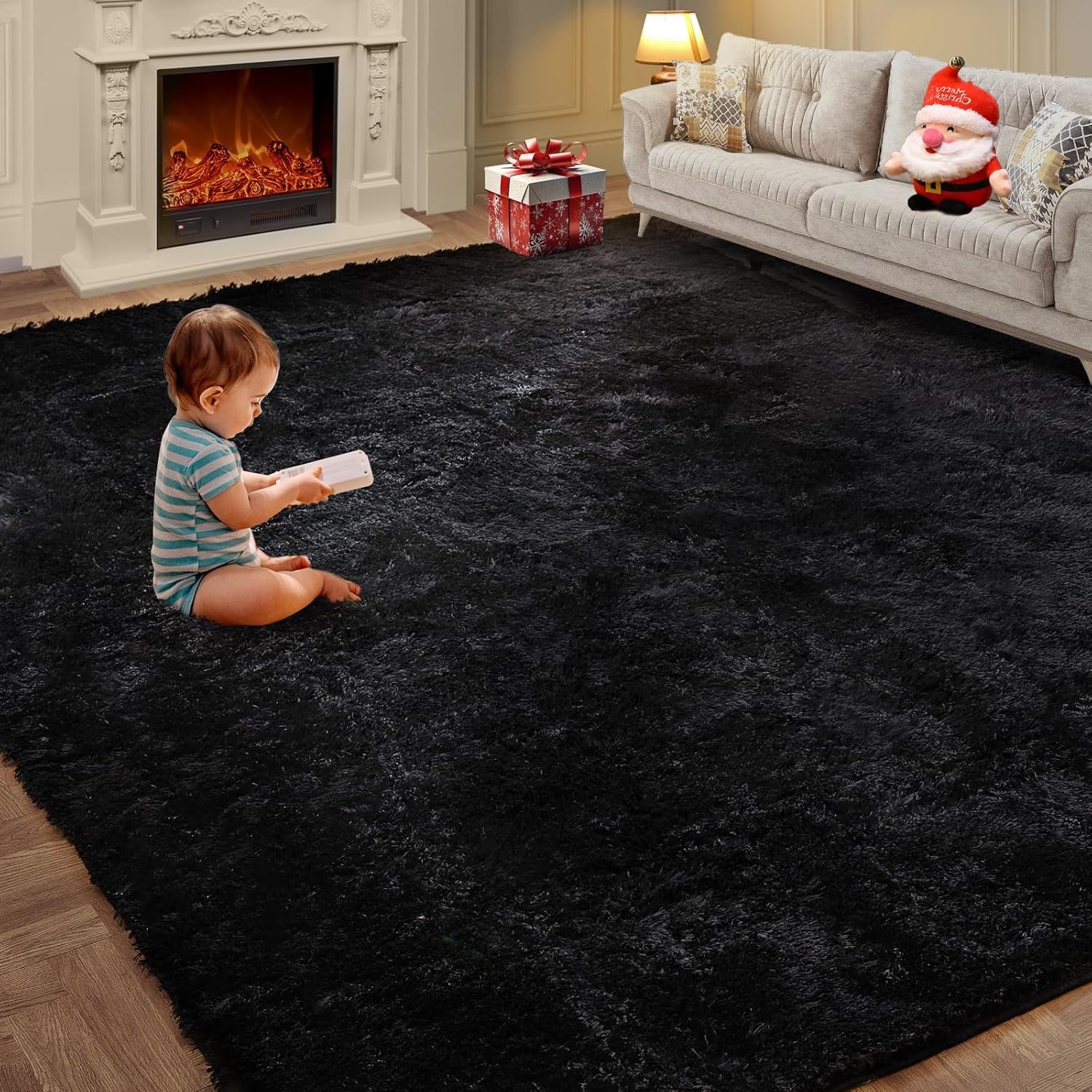 KNZE Super Soft Area Rugs for Living Room 5×7 Black, Fluffy Furry Shaggy Fuzzy Area Rug, Upgrade Anti-Skid Rectangular, High Pile Soft Throw Rug for Bedroom and Kids Room, Home Decor Aesthetic