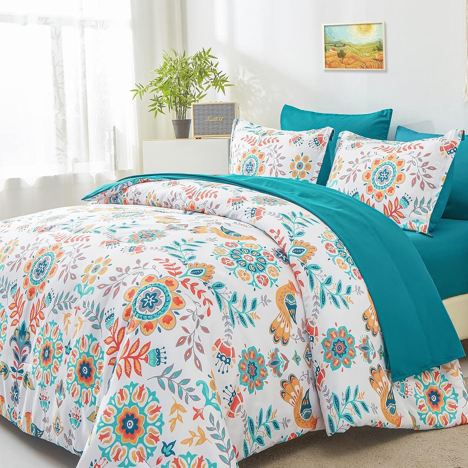 DHSFKBE Boho Comforter Set Queen – 7 Pieces Bed in a Bag Floral Medallions Design, Bohemian Comforter Set with Sheets, Soft Microfiber Complete Bedding Sets All Season (Teal Blue, Queen)