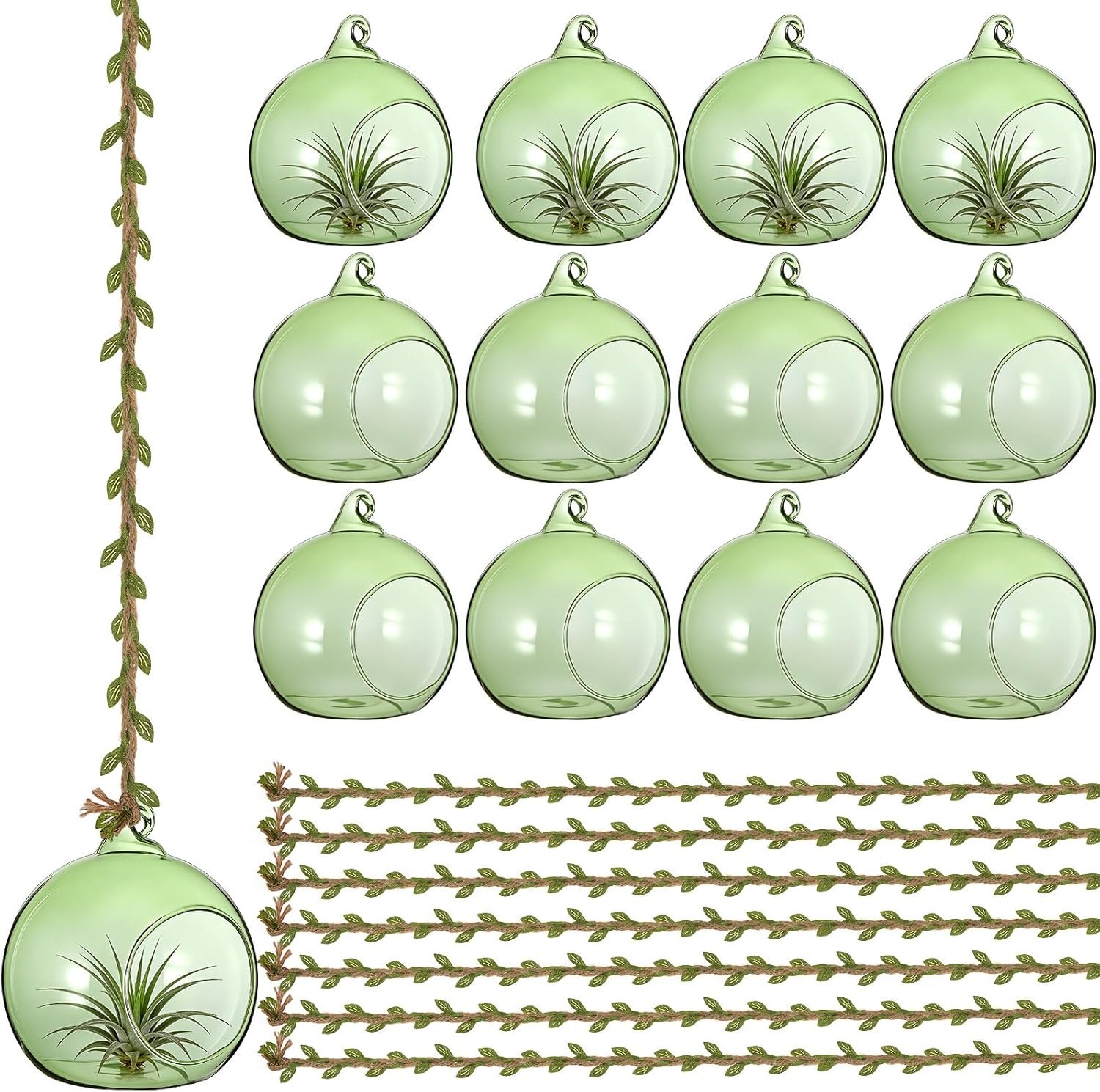 GlikCeil 13 Pcs 3.15” Hanging Glass Candle Holder with Burlap Leaf Ribbon, Glass Orbs Air Plants Tea Light Candle Holders, Globe Plant Terrariums for Decor Indoor Outdoor Garden DIY (Green)