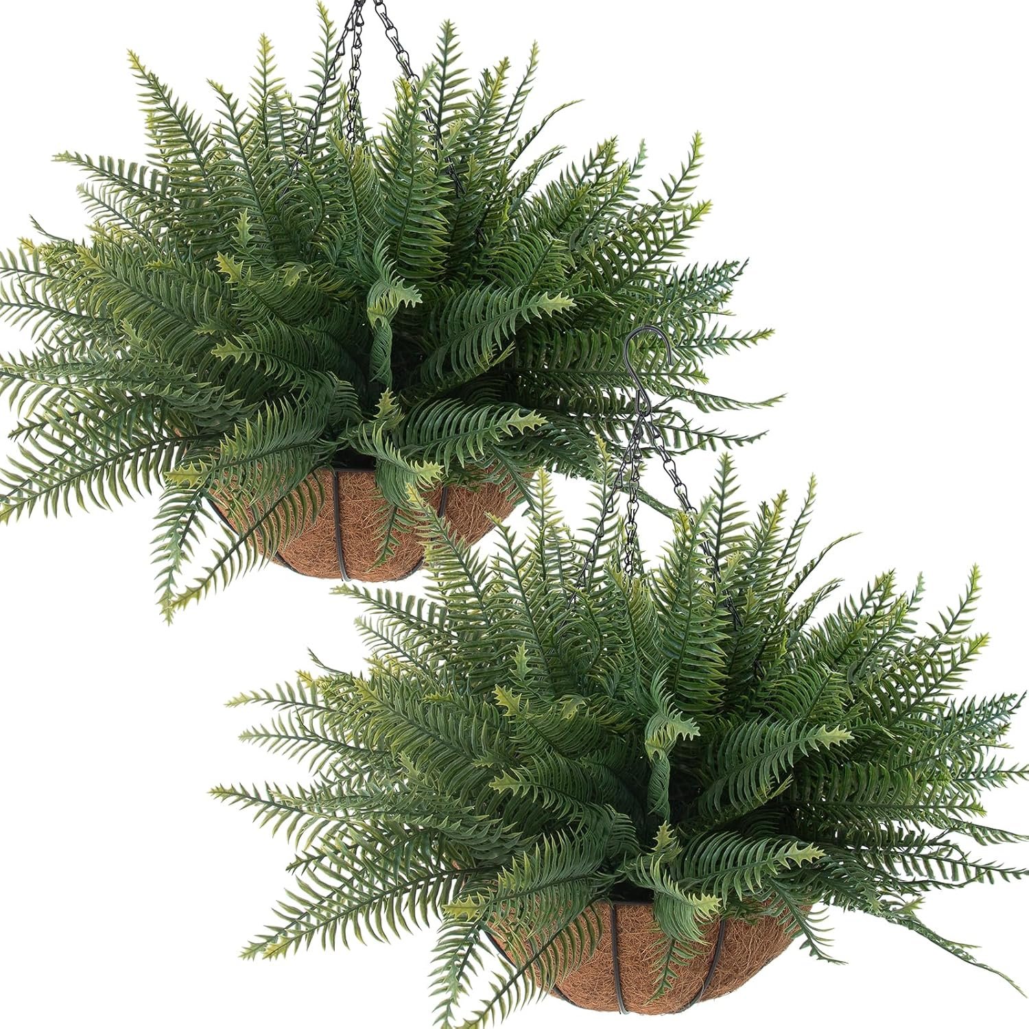 2 Pcs Fake Ferns Hanging Baskets, Artificial Hanging Plants Outdoor, 2 Hanging Planters with 24 Pcs Fake Ferns for Indoor Outside Decorations for Front Porch Garden Balcony Patio Home Decor (2, Green)