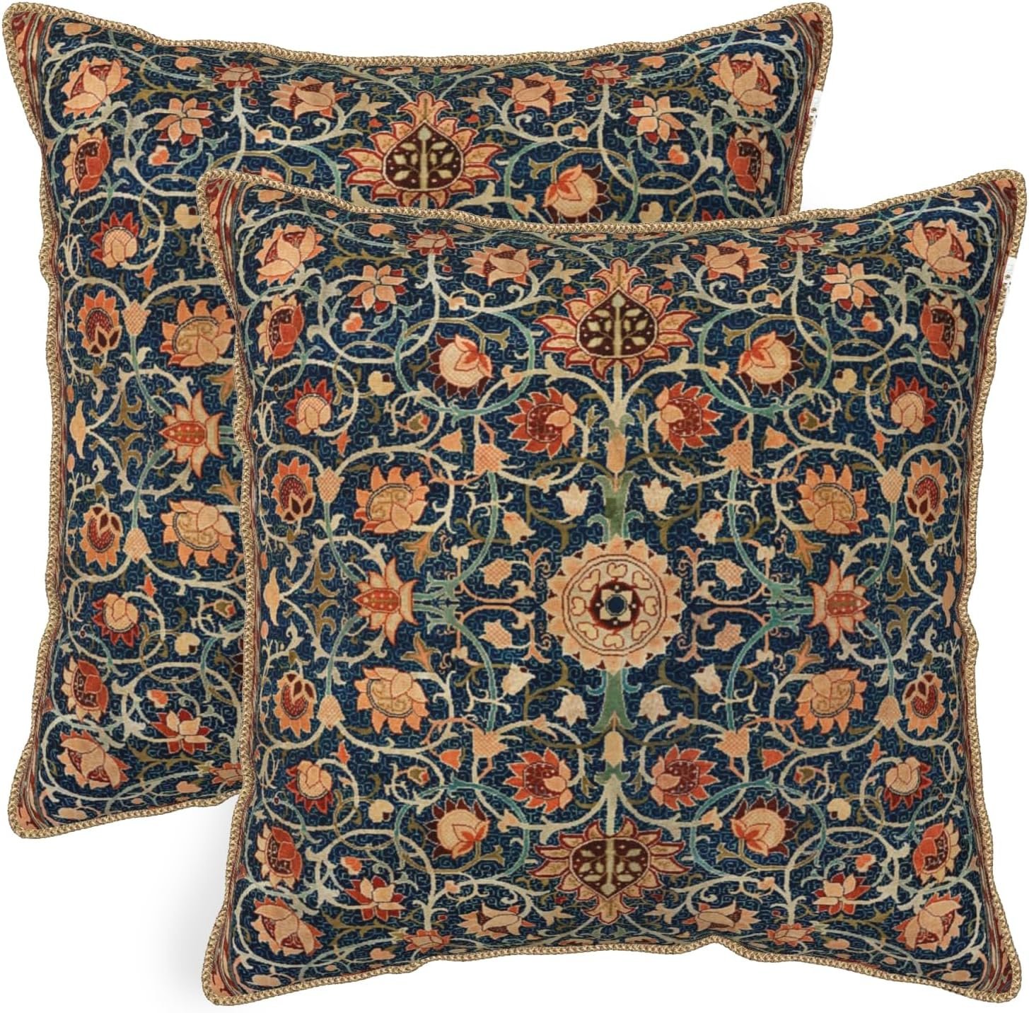 Vintage Floral Soft Velvet Throw Pillow Covers Set of 2 Burnt Orange Navy Flowers Plant Decorative Pillow Covers 18×18 Inch Art Botanical Pillow Case For Sofa Couch Outdoor Farmhouse Home Decor