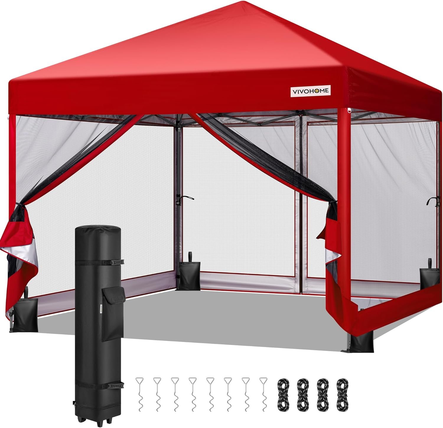 VIVOHOME 10x10ft Easy Pop-Up Canopy, Outdoor Screen Tent with Mosquito Netting, 2 Zipper Doors, and Roller Bag for Yard Camping Picnic Party Events, Red