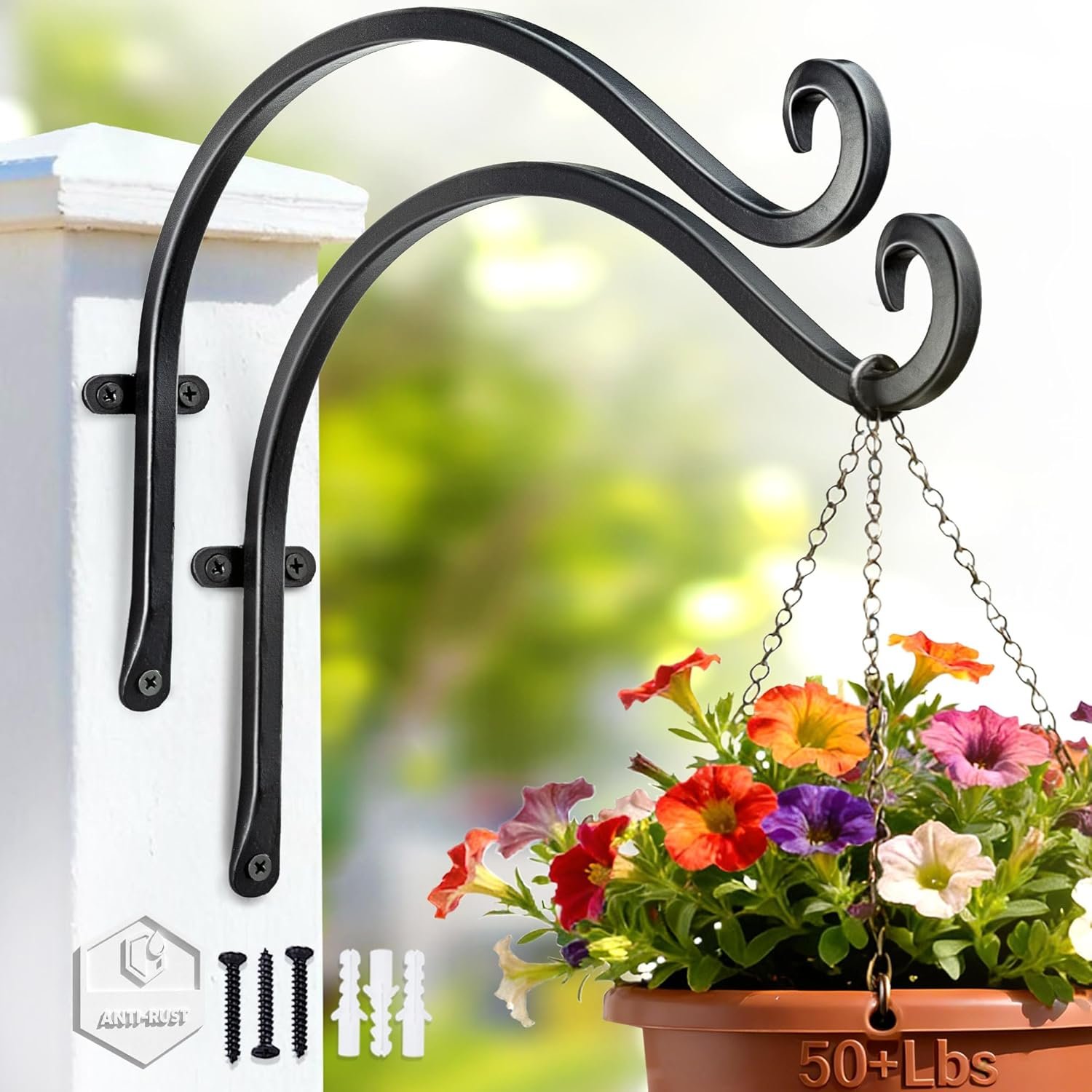 AJART Heavy-Duty Plant Hanger Outdoor – Can Hold 50 Lbs Plant Basket or Large Bird Feeder – 12 Inch Solid Iron Windproof, Rustproof Wall Hooks – with Triangular Stability – 2 Pieces