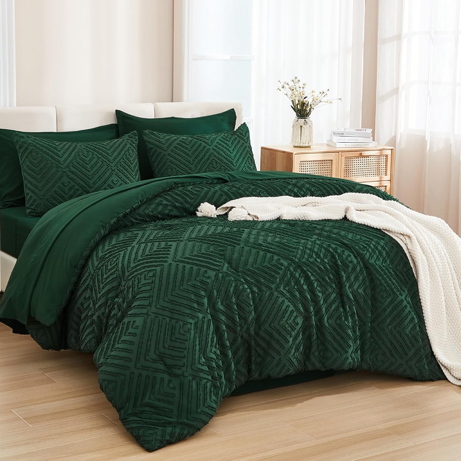 Andency King Size Comforter Set 7 Pieces Dark Emerald Green – Bed in a Bag King Boho Lightweight Fluffy Tufted Bedding Comforter Sets with Quilt Comforter, Sheets, Pillowcases & Shams