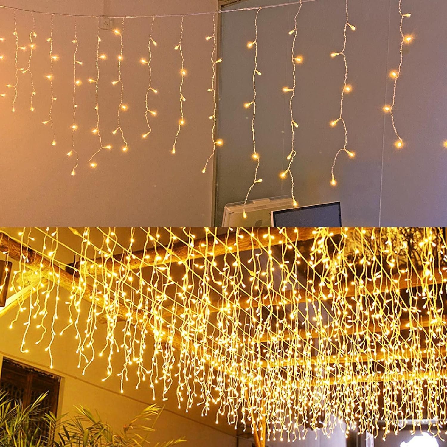 LED Icicle Lights, 8 Modes, 13FT 96 LEDs Christmas Short Curtain Fairy Hanging Ceiling Extendable Lights for Wedding Balcony Doorway Outdoor Indoor Decoration Warm White, 4M