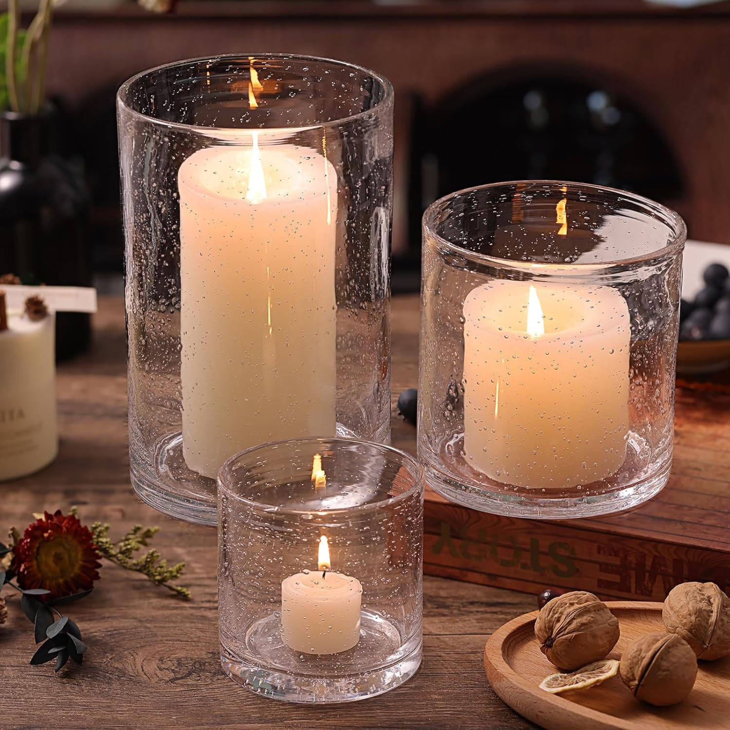 NITIME Hurricane Candle Holder Set of 3 Clear Candle Holders for Pillar Candles, Seeded Bubbles Glass Candle Holder for table centerpiece, Glass Cylinder Vases for Home, Patio and Wedding 8″4.7″3.5″H