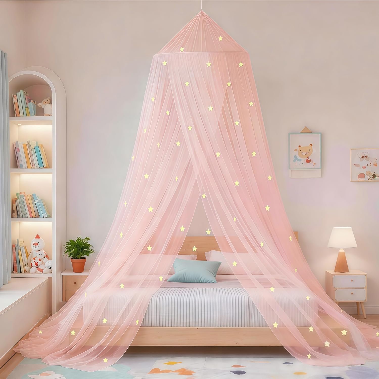 Bed Canopy for Girls Mosquito Net, Princess Bed Canopy for Girls Room Decor – Insect Protection Hanging Canopy for Indoor(Pink,Stars Glow in the Dark)