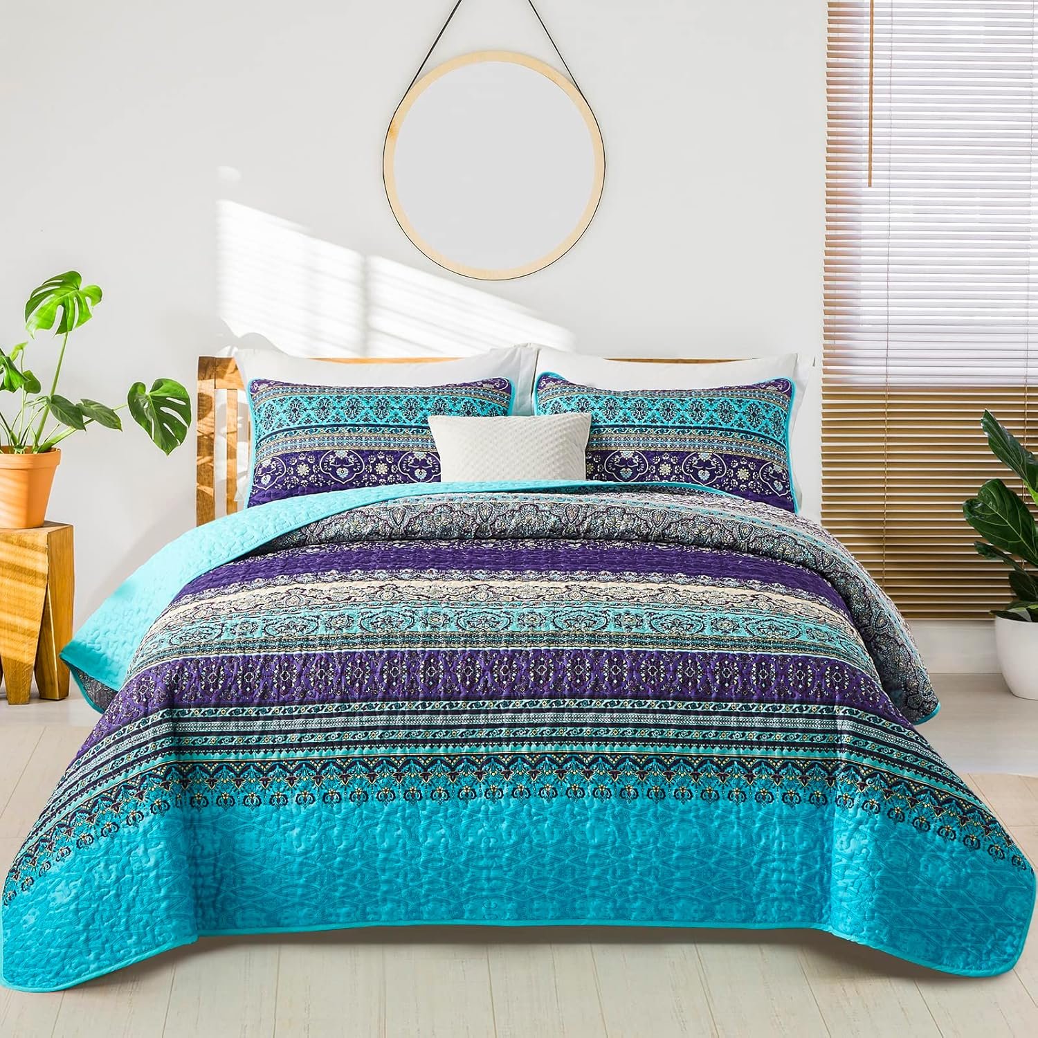 WONGS BEDDING Boho Queen Quilt Set, Blue Purple Bohemian Queen Quilt Bedding Set, Lightweight Microfiber Bed Decor Bedspread for All Season 96″x90″(3 Pieces)