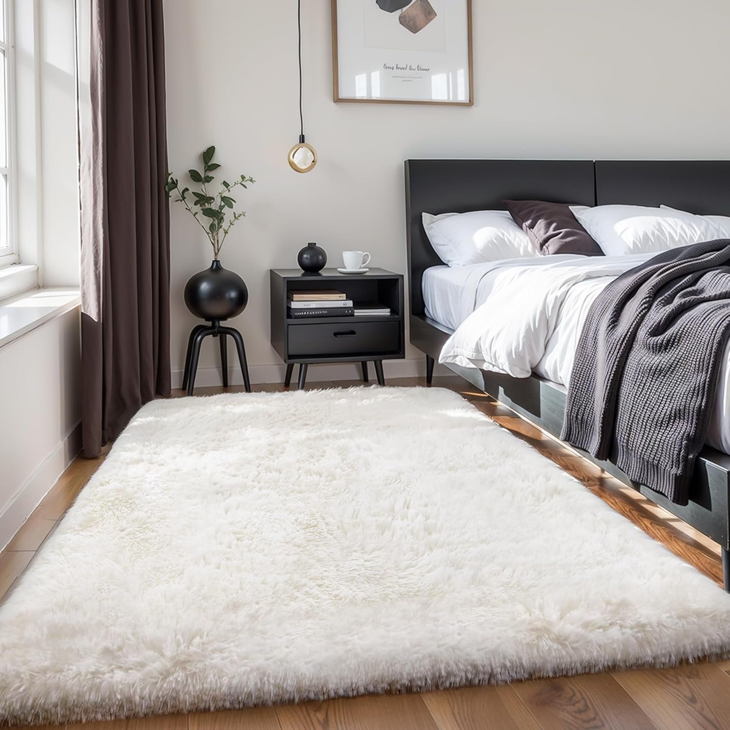 KICHOWUA Thick Area Rug 4×6 Cream White Fluffy Shag for Bedroom, Soft Washable Fuzzy Shaggy Non-Slip Plush Carpet for Living Room, Modern Furry Rugs for Kids Nursery Baby Boys Girls Dorm, Ivory