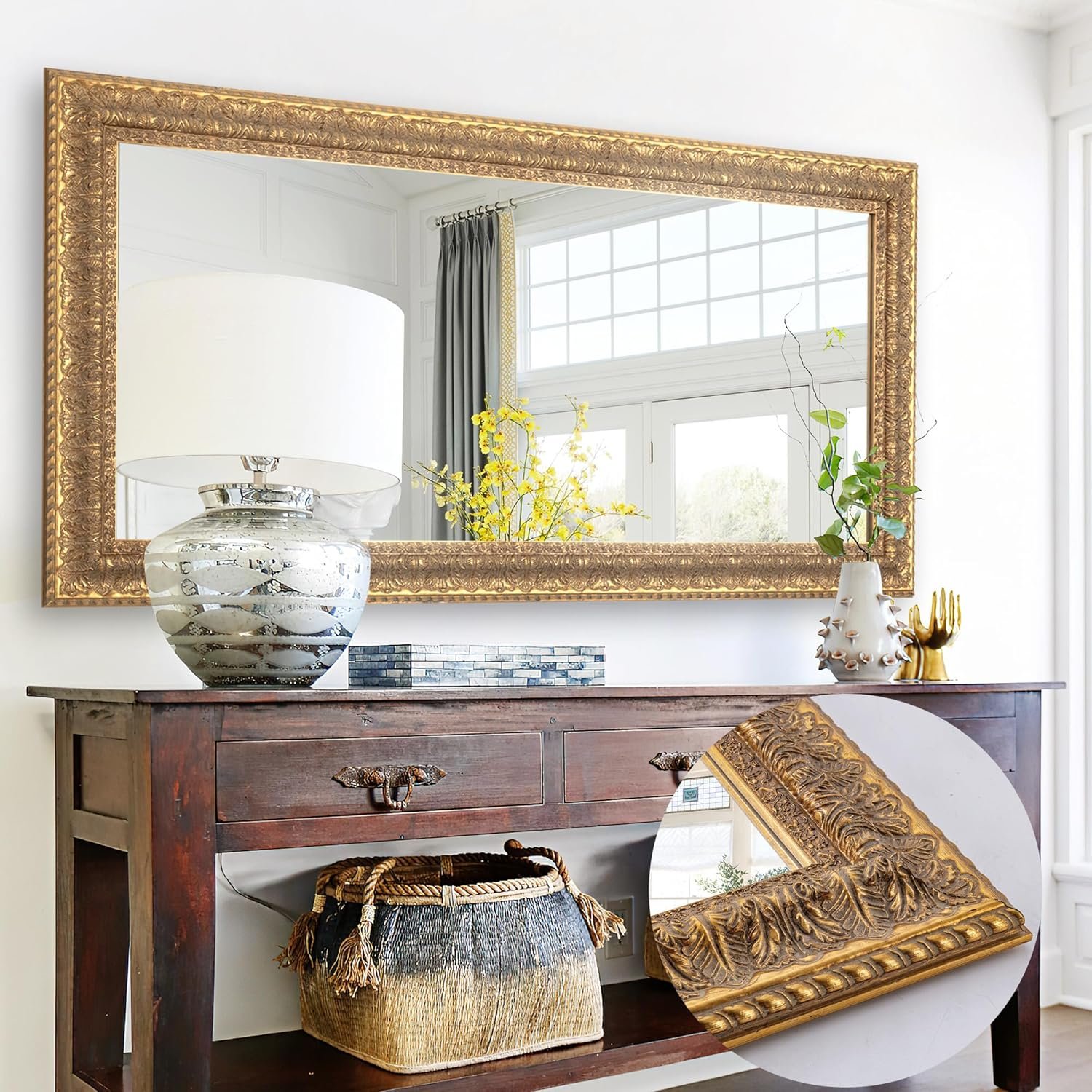 Chende 48″ L x 24″ W Large Gold Mirror for Wall, Rectangular Decorative Mirror Wall Decor with Leaves Shape Wood Frame, Elegant Baroque Mirror for Bathroom Entrance Hallyway Power Room