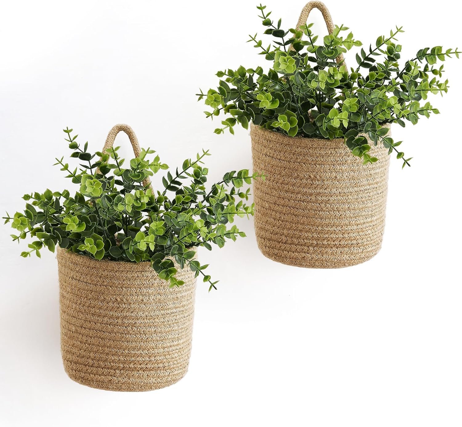 Dahey 2 Pack Wall Hanging Rope Basket (6.5″W×7″H) with Artificial Eucalyptus, Jute Woven Storage Organizer Flower Plants Basket Farmhouse Rustic Wall Decor for Porch Living Room Bedroom Entryway,Brown