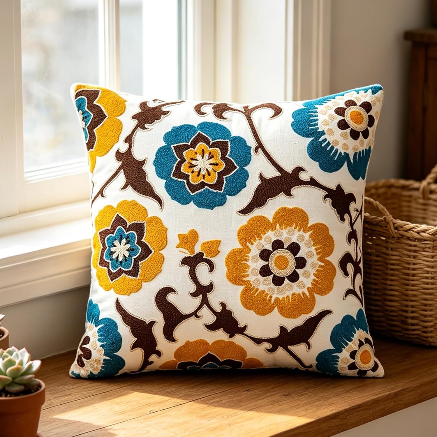 Embroidered Throw Pillow Cover 18×18 Inch,Cotton Canvas Floral Pillow Case, Daisy Wildflower Leaf Boho Farmhouse Decorative Cushion Square for Sofa Bedroom Living Room Outdoor Couch Farmhouse (A002)