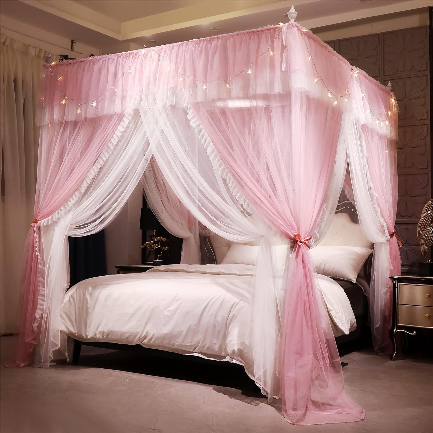 VETHIN 4 Corners Post Ruffle Princess Bed Canopy Curtain-Double Layer Cozy Drape Netting 4 Opening Mosquito Net for Girls Adults Bedroom Decoration (Pink/Whtie, 53″ W*78″ L*82″*H/(Full))